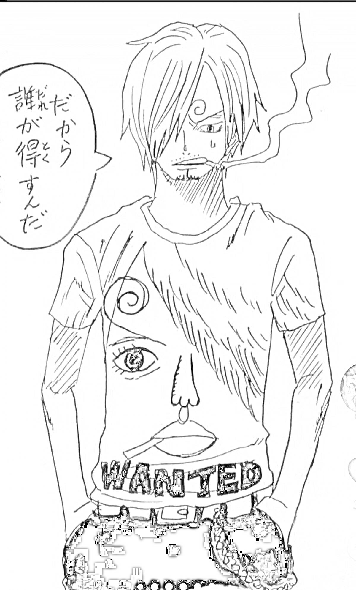 Раскраска Санджи с длинной челкой, в футболке с надписью 