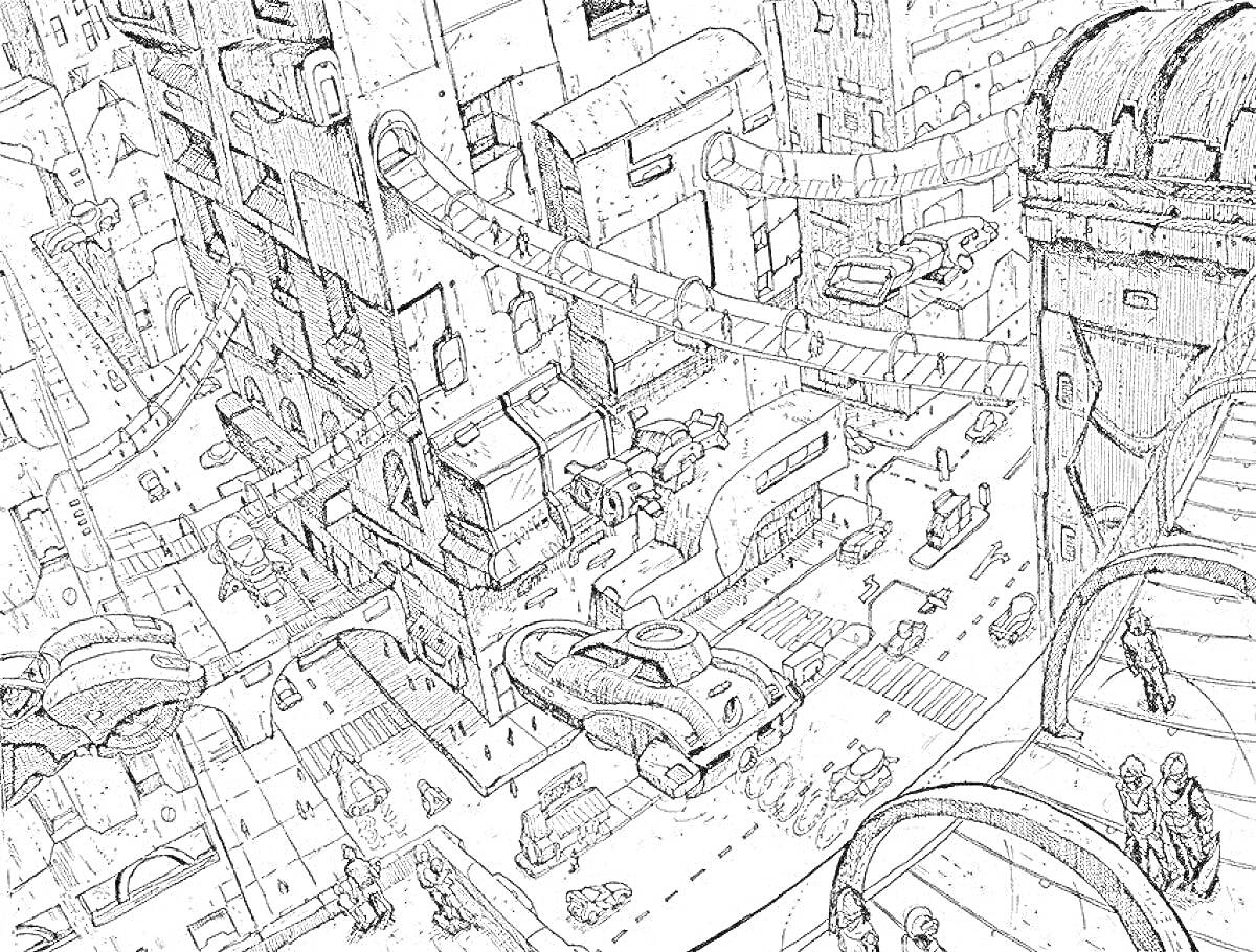 Раскраска Город будущего с летающими автомобилями, многоуровневыми дорогами и футуристической архитектурой
