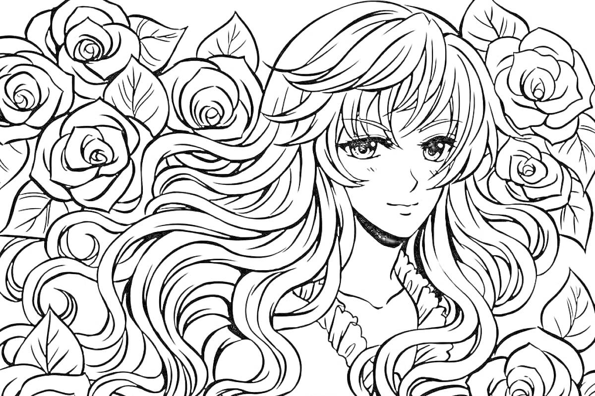 Раскраска Девушка с длинными волнистыми волосами на фоне роз