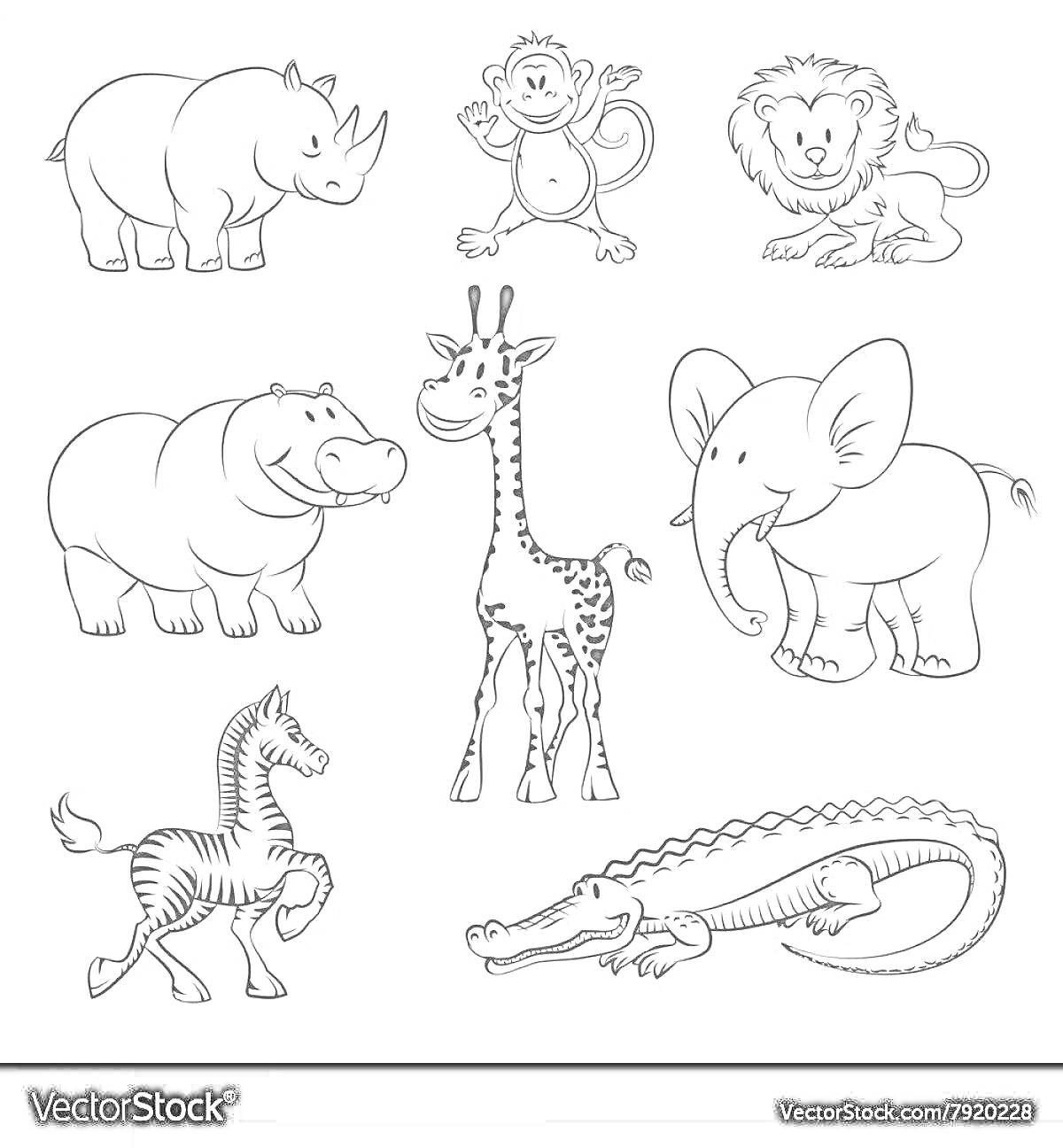 Раскраска носорог, обезьяна, лев, бегемот, жираф, слон, зебра, крокодил