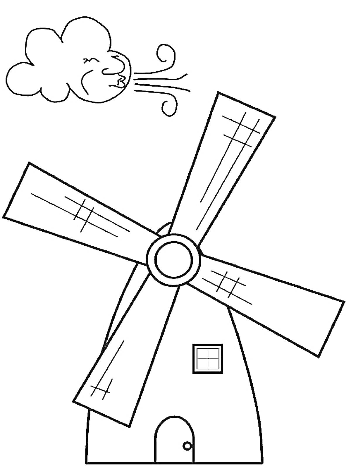 На раскраске изображено: Мельница, Лопасти, Дверь, Ветер, Облака, Окна