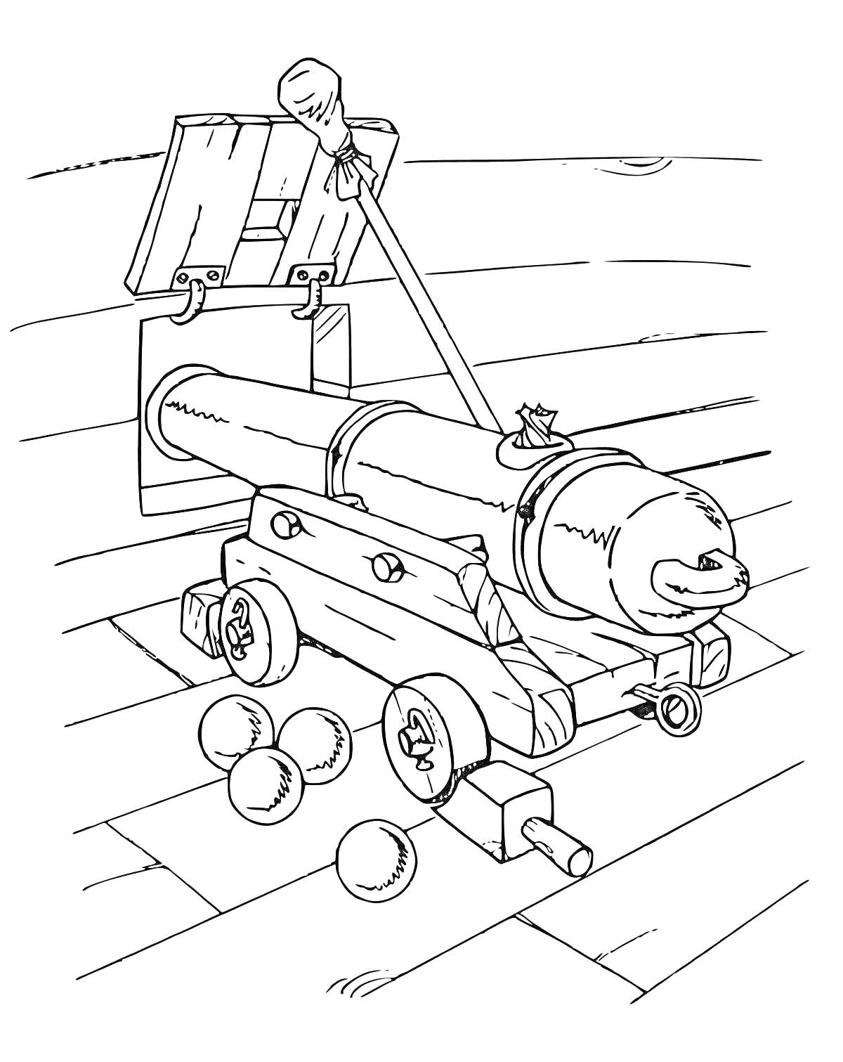 Раскраска Пушка на деревянной платформе с ядрами и открытым люком