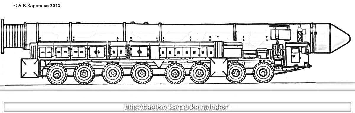 На раскраске изображено: Тополь М, Ракетный комплекс, Военная техника, Военный транспорт, Колесная база