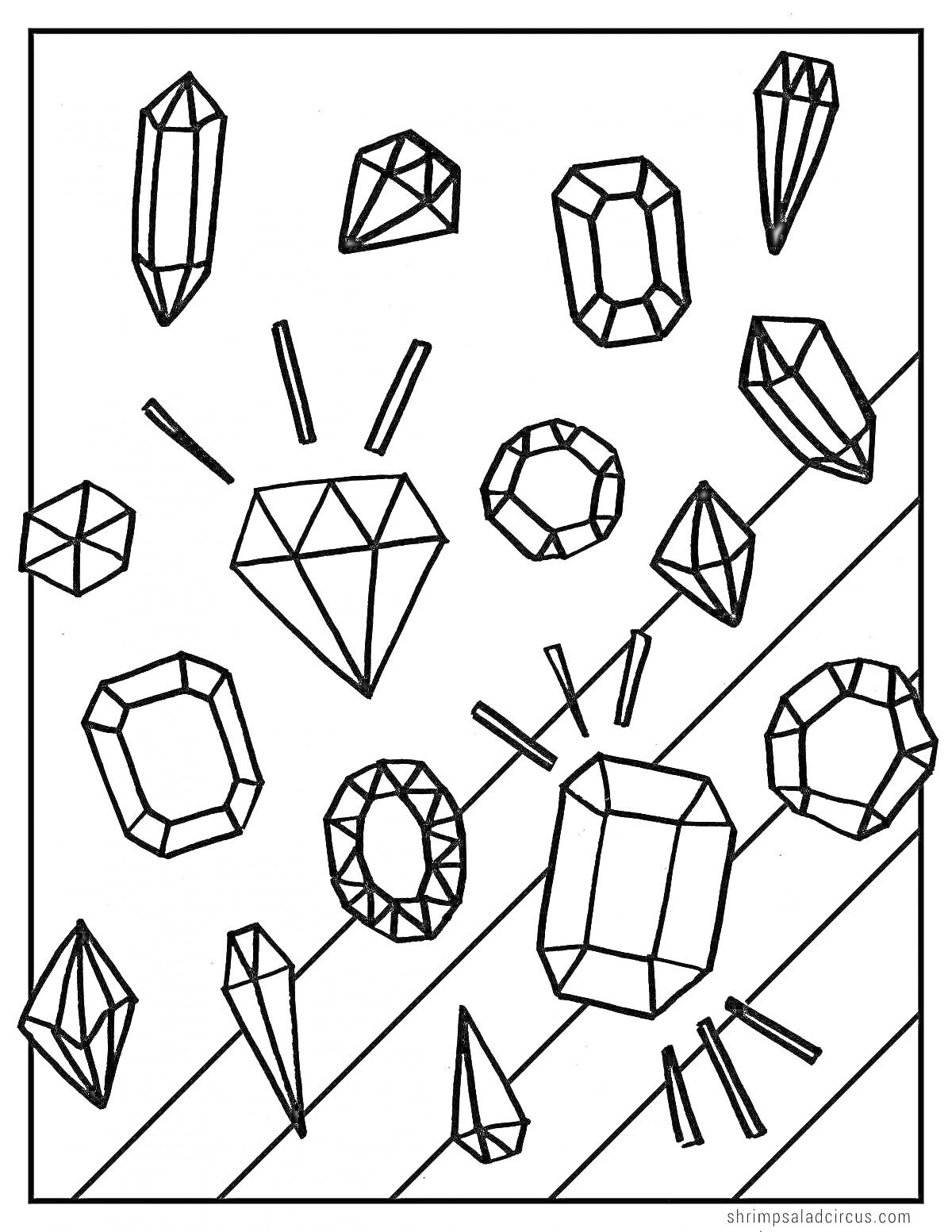 На раскраске изображено: Драгоценности, Геометрические фигуры, Кристаллы