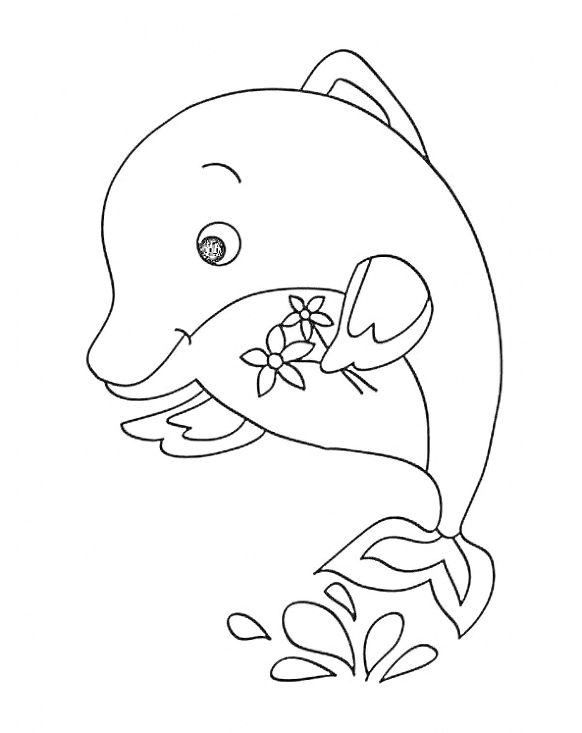 Раскраска Дельфин с цветами и брызгами воды