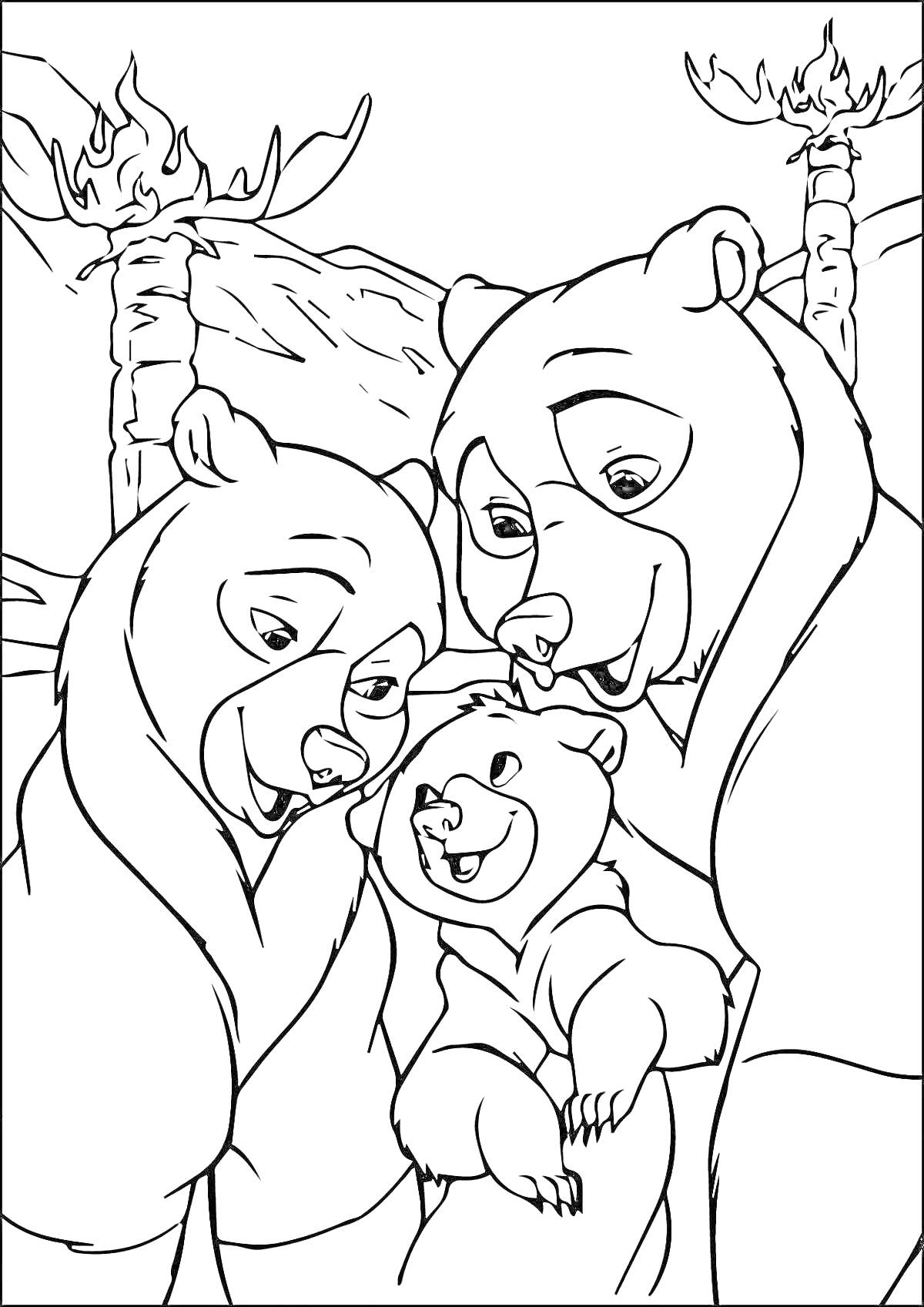 Раскраска Семья медведей, состоящая из двух больших медведей и одного маленького медвежонка, на фоне деревьев и гор