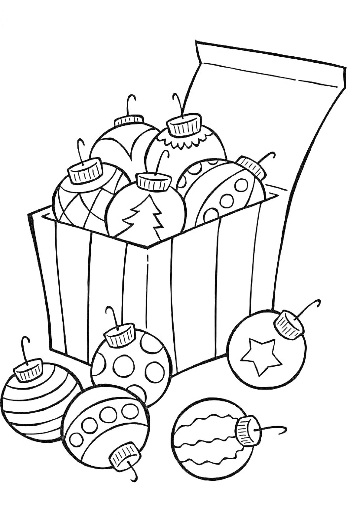 На раскраске изображено: Новогодние шары, Коробка, Елочные игрушки, Новогодний декор, Рождество, Праздники