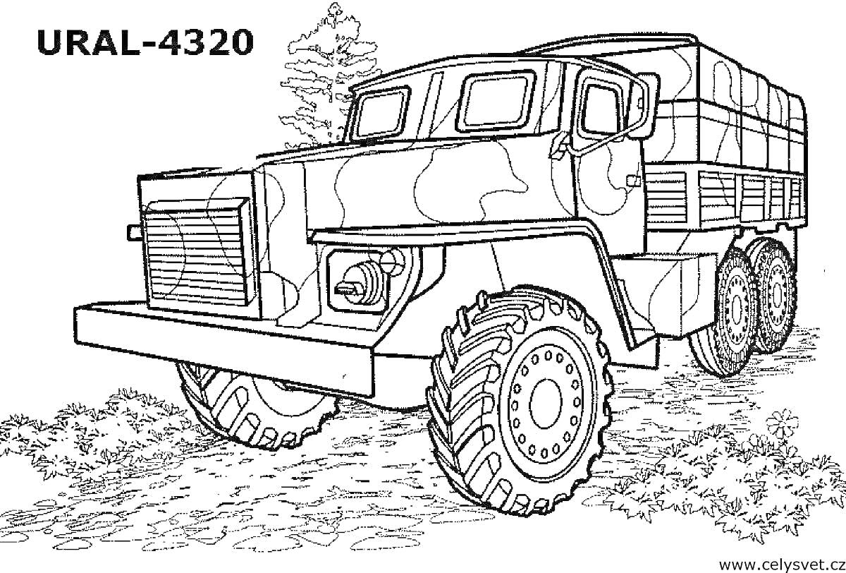 Раскраска Военный грузовик URAL-4320 на фоне природы со всеми элементами