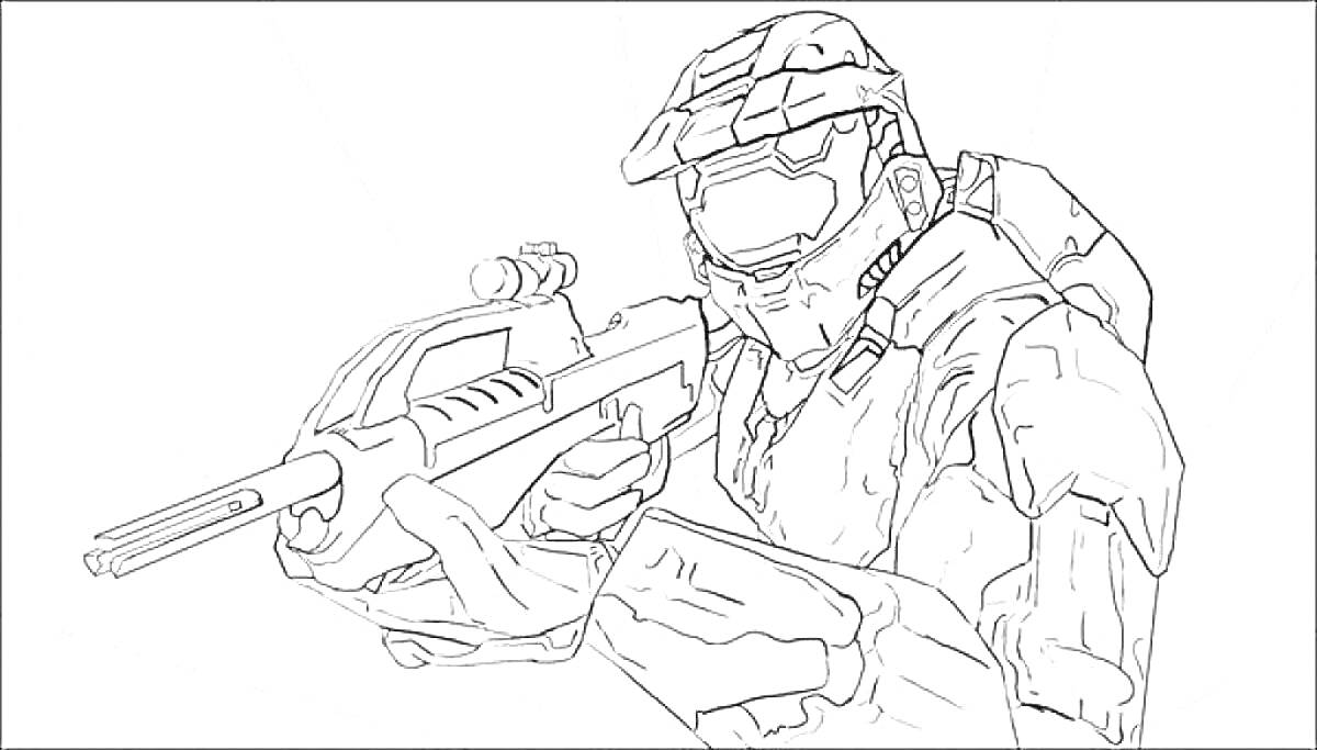 Раскраска Солдат с винтовкой в бронекостюме