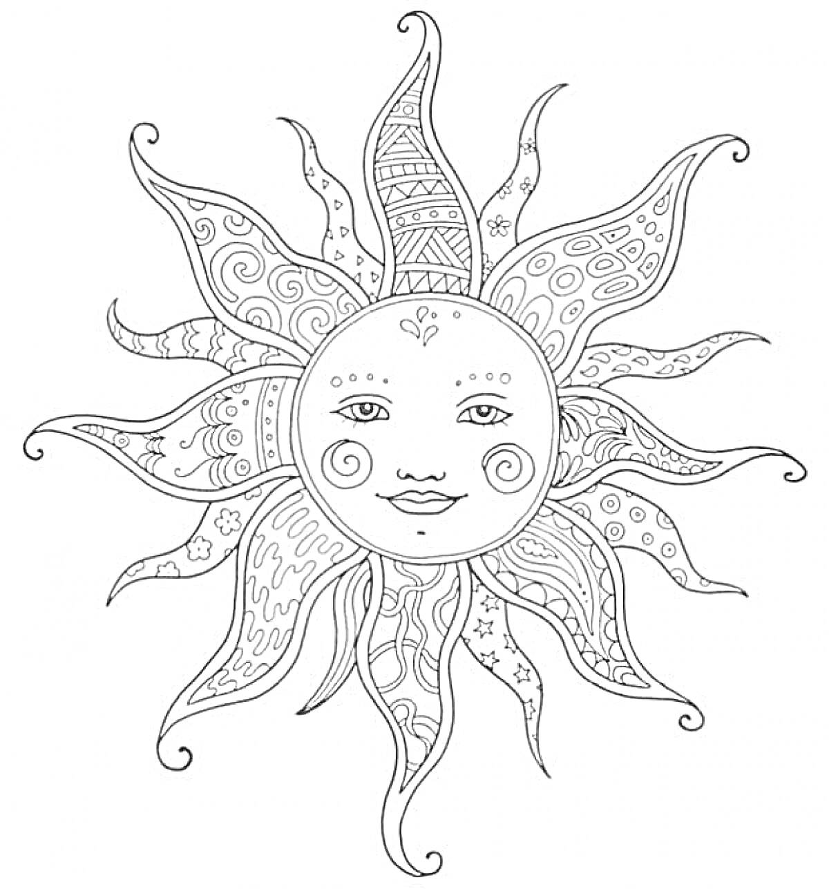 На раскраске изображено: Солнце, Луна, Лицо, Узоры, Лучи, Антистресс, Детализированное изображение