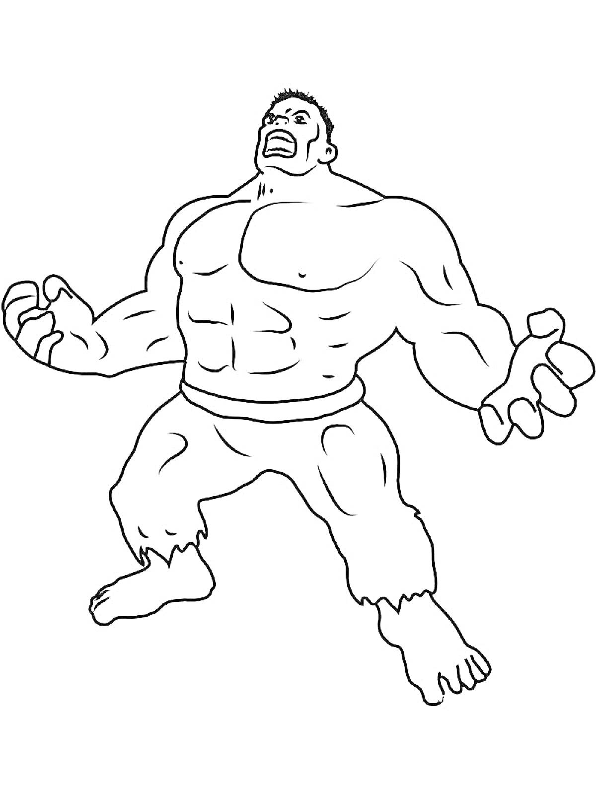 Раскраска Халк с поднятыми руками и согнутыми коленями