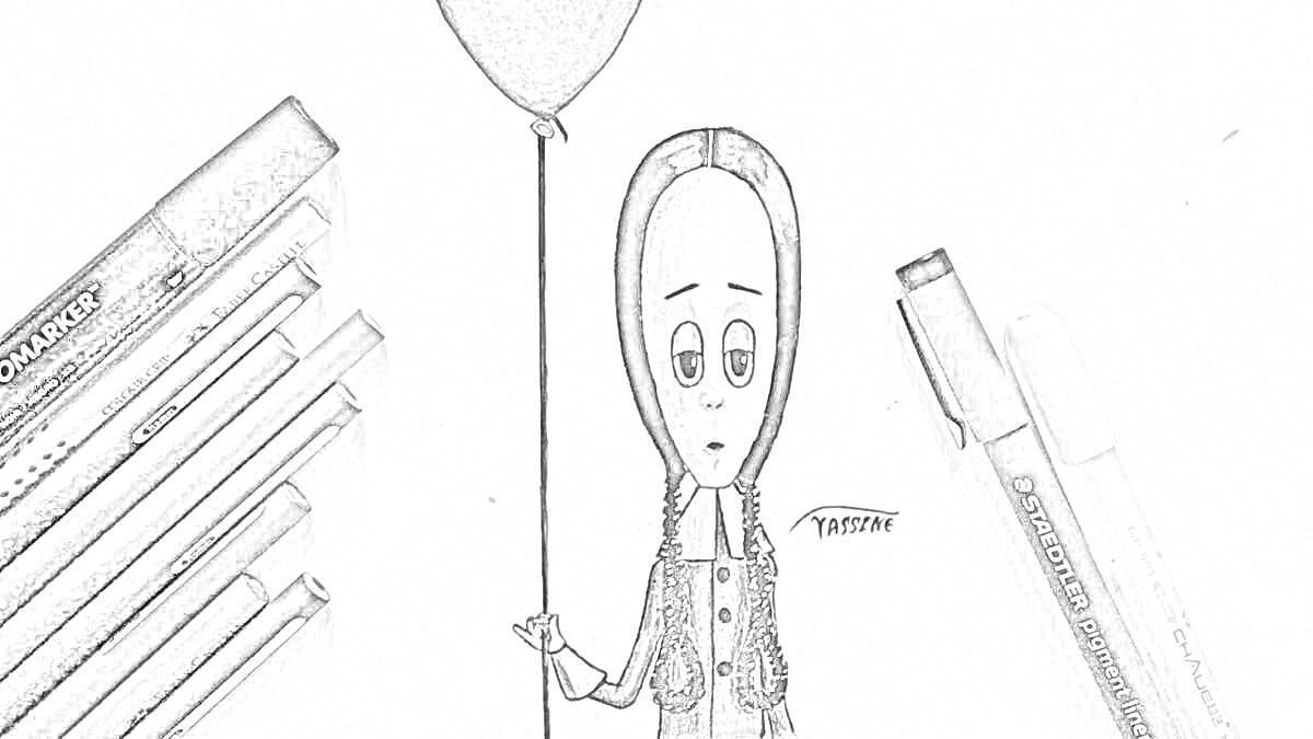 Раскраска Девочка с двумя косичками и воздушным шаром, маркеры и фломастеры на столе