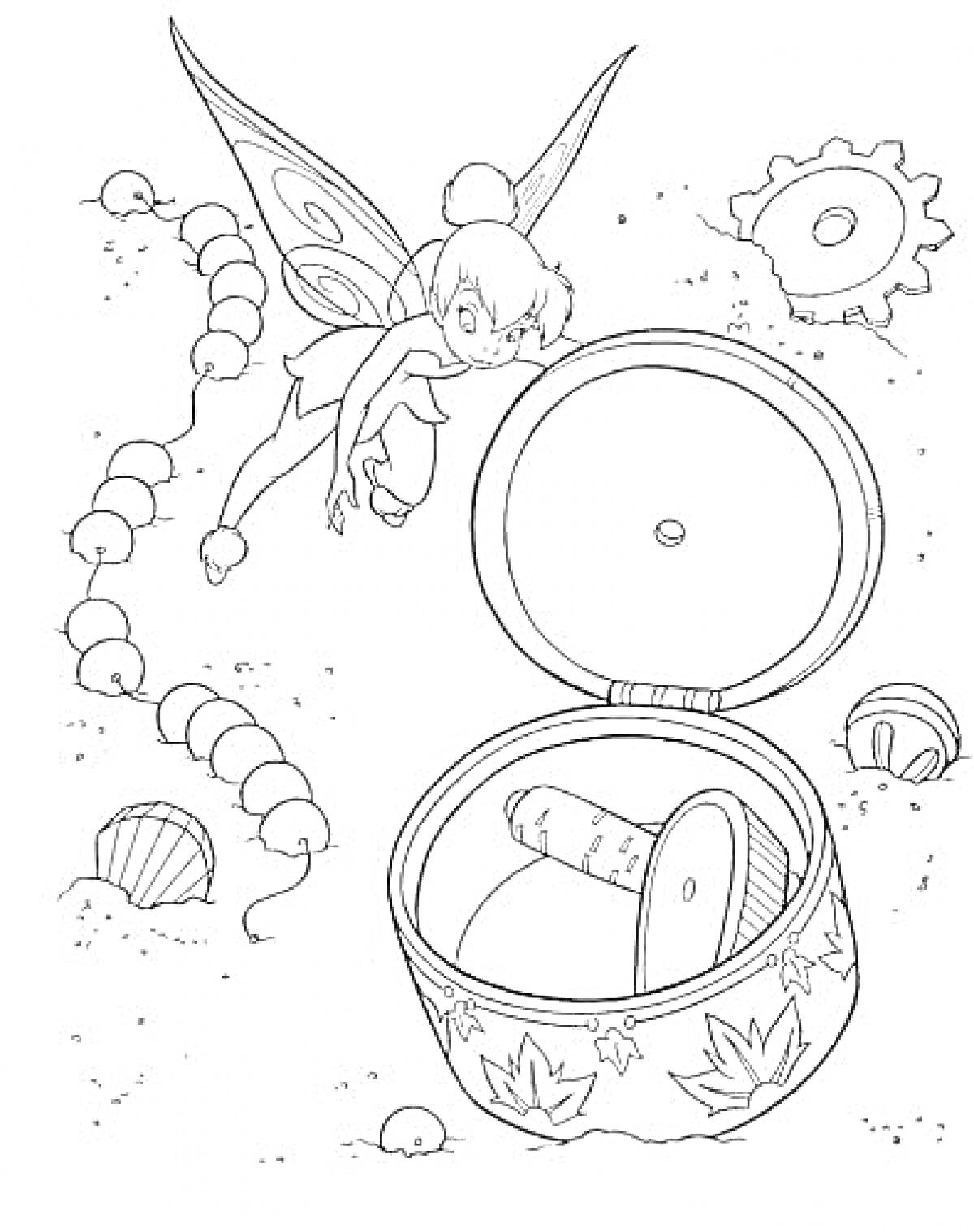 Раскраска Фея с крыльями и шкатулка с украшениями (браслет, бусы), морские ракушки, шестерёнка