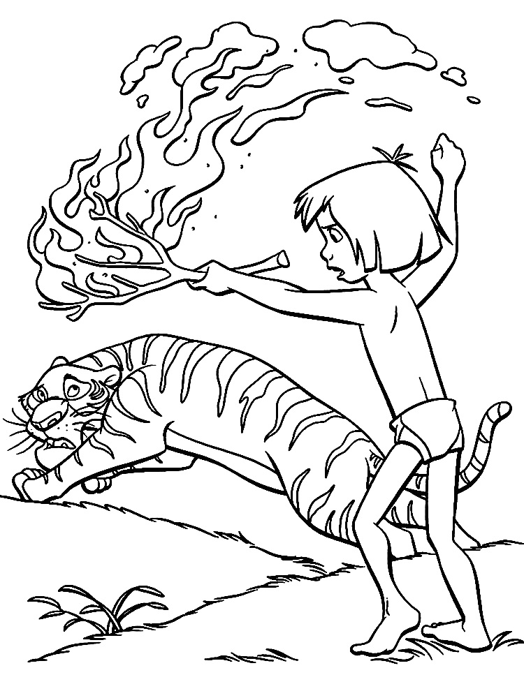 Раскраска Маугли держит горящую ветку перед тигром, трава, облака