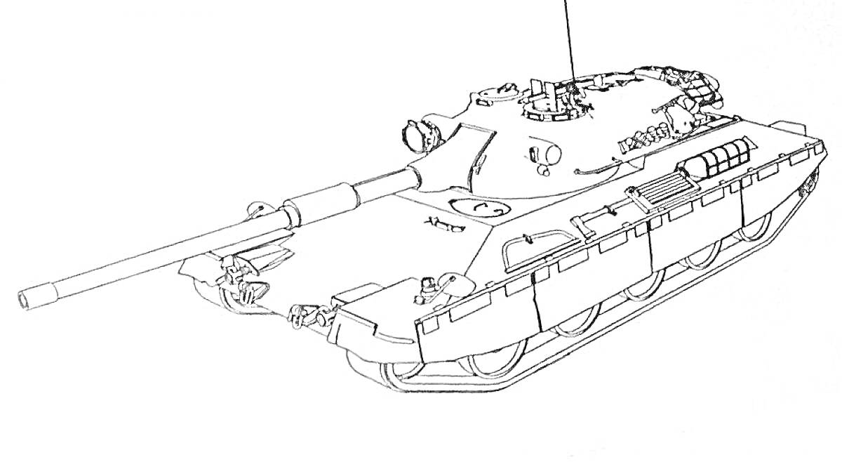 Раскраска Танковая раскраска IS-7 с длинным стволом, башней, гусеницами и антенной