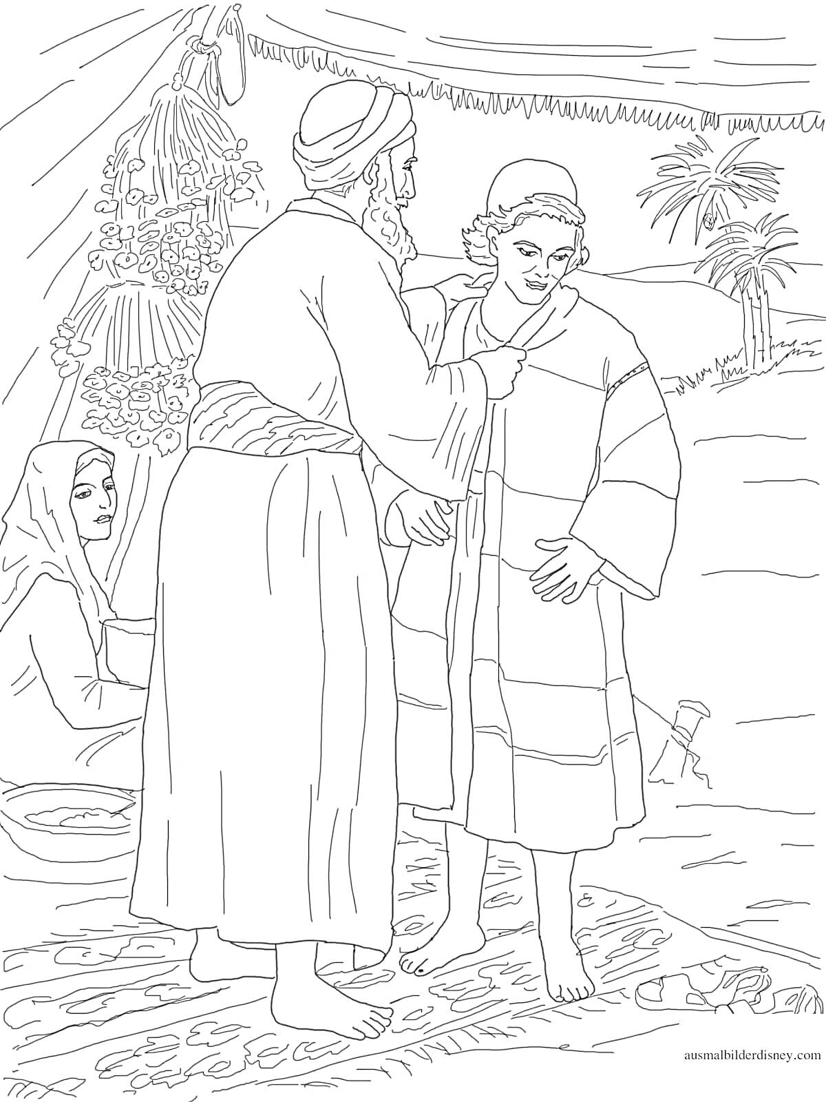 На раскраске изображено: Иосиф, Египет, Шатер, Одежда, Женщина, Пальмы, Библейская сцена, Древний мир
