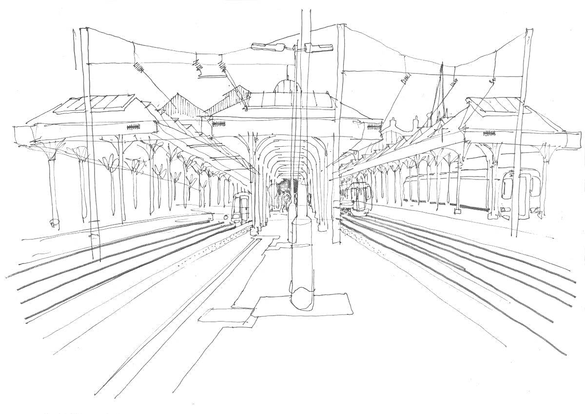 Раскраска Железнодорожный вокзал с перронами, навесами и железнодорожными путями
