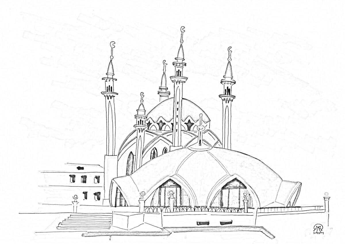 Раскраска Мечеть Кул-Шариф с куполами, минаретами и архитектурными элементами