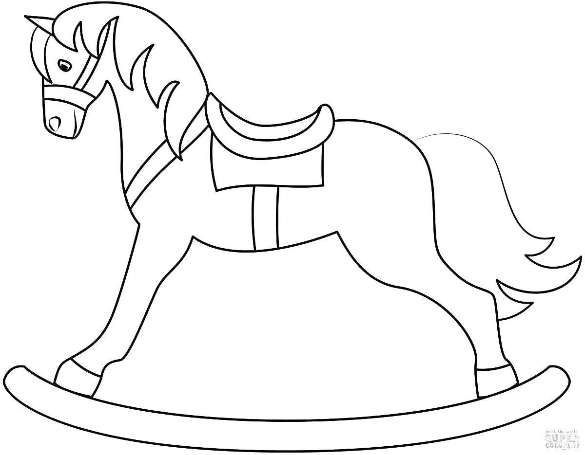 На раскраске изображено: Лошадь, Качалка, Седло, Уздечка