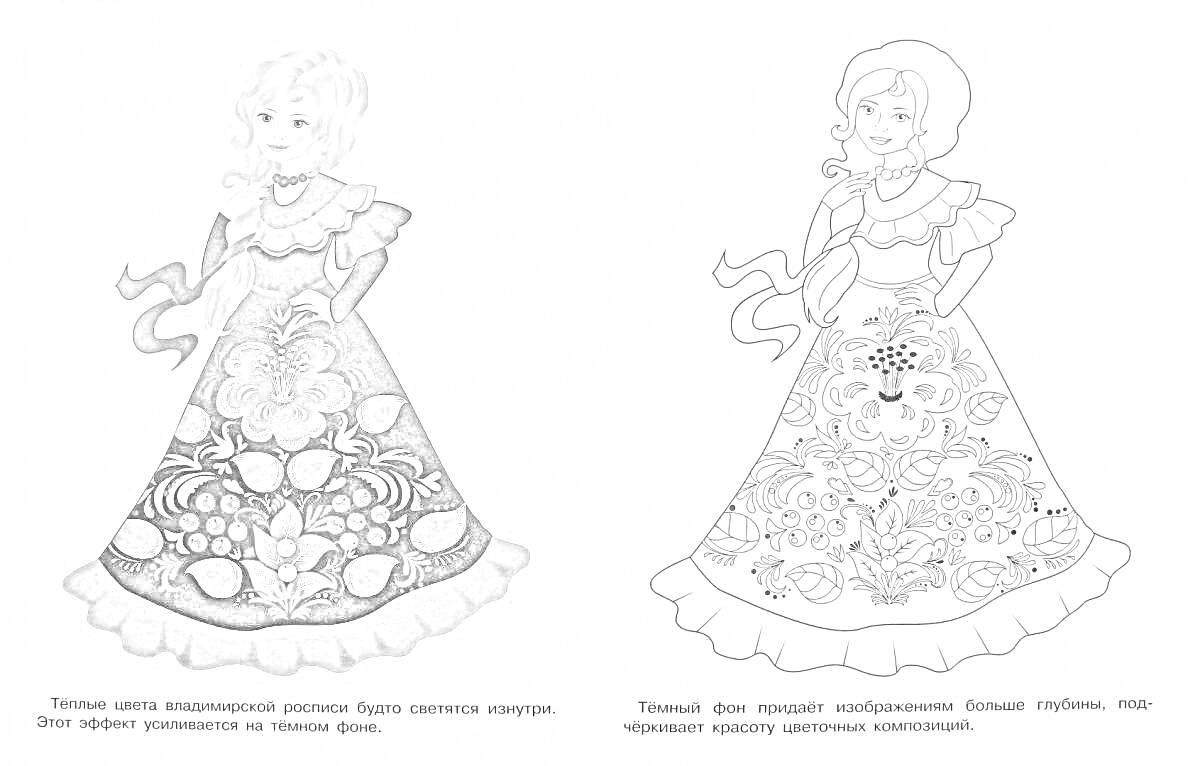 На раскраске изображено: Народные узоры, Традиционное платье, Цветы, Листья, Ягоды, Кукла, Творчество, Русский стиль