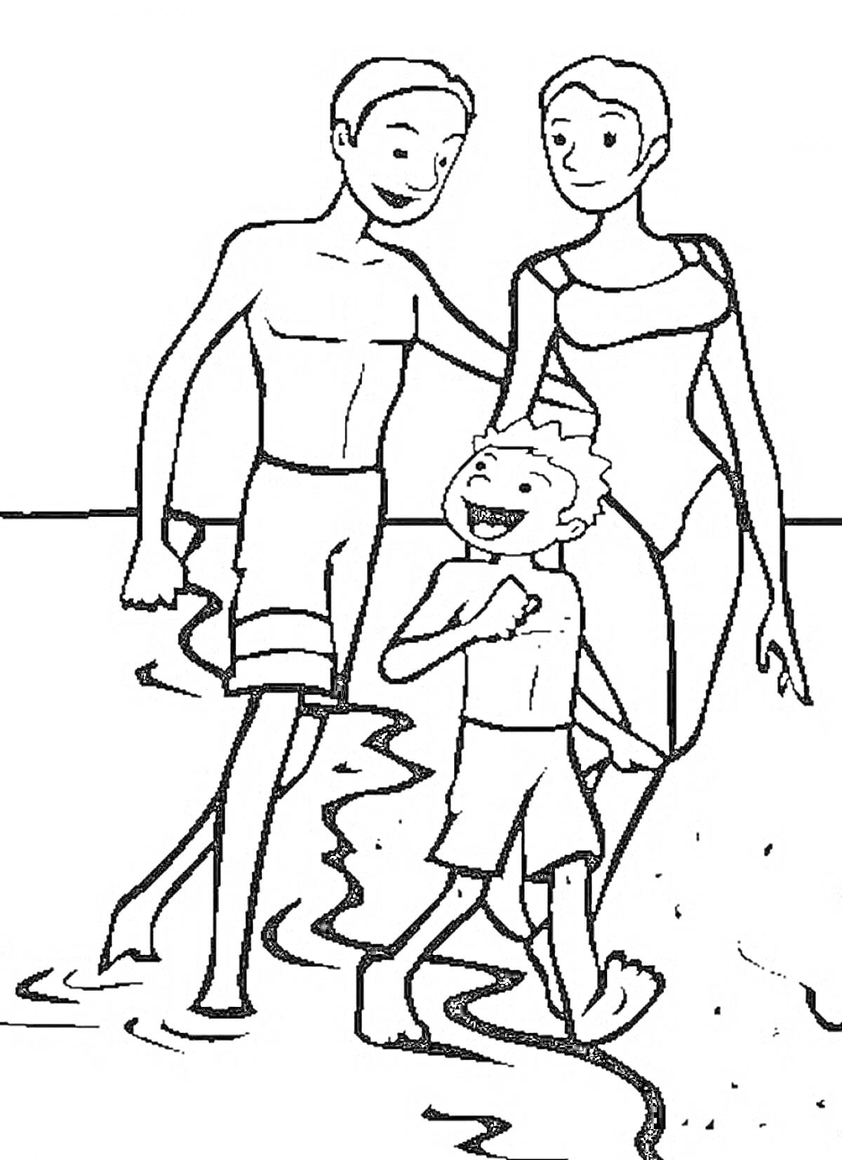 На раскраске изображено: Семья, Пляж, Море, Отец, Ребёнок, Вода, Лето, Отдых, Купальники, Песок, Мама