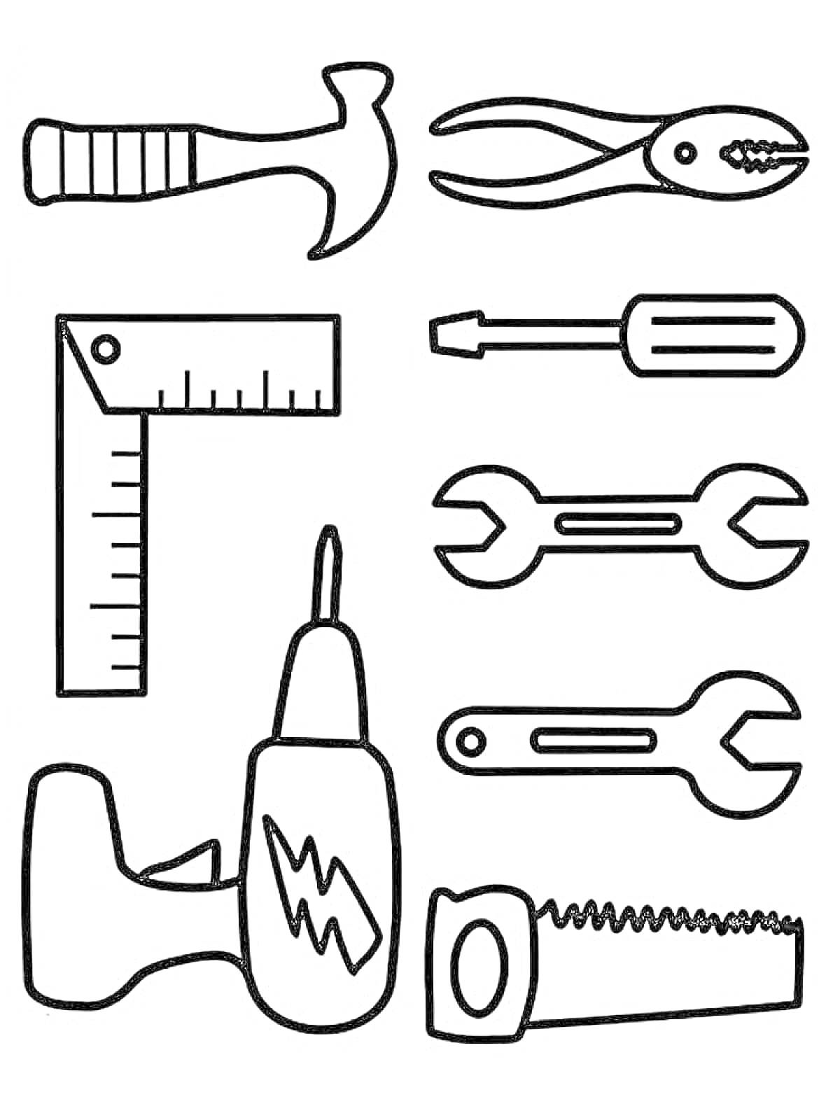 Раскраска с инструментами для детей - молоток, плоскогубцы, угольник, отвёртка, гаечные ключи, дрель, ножовка