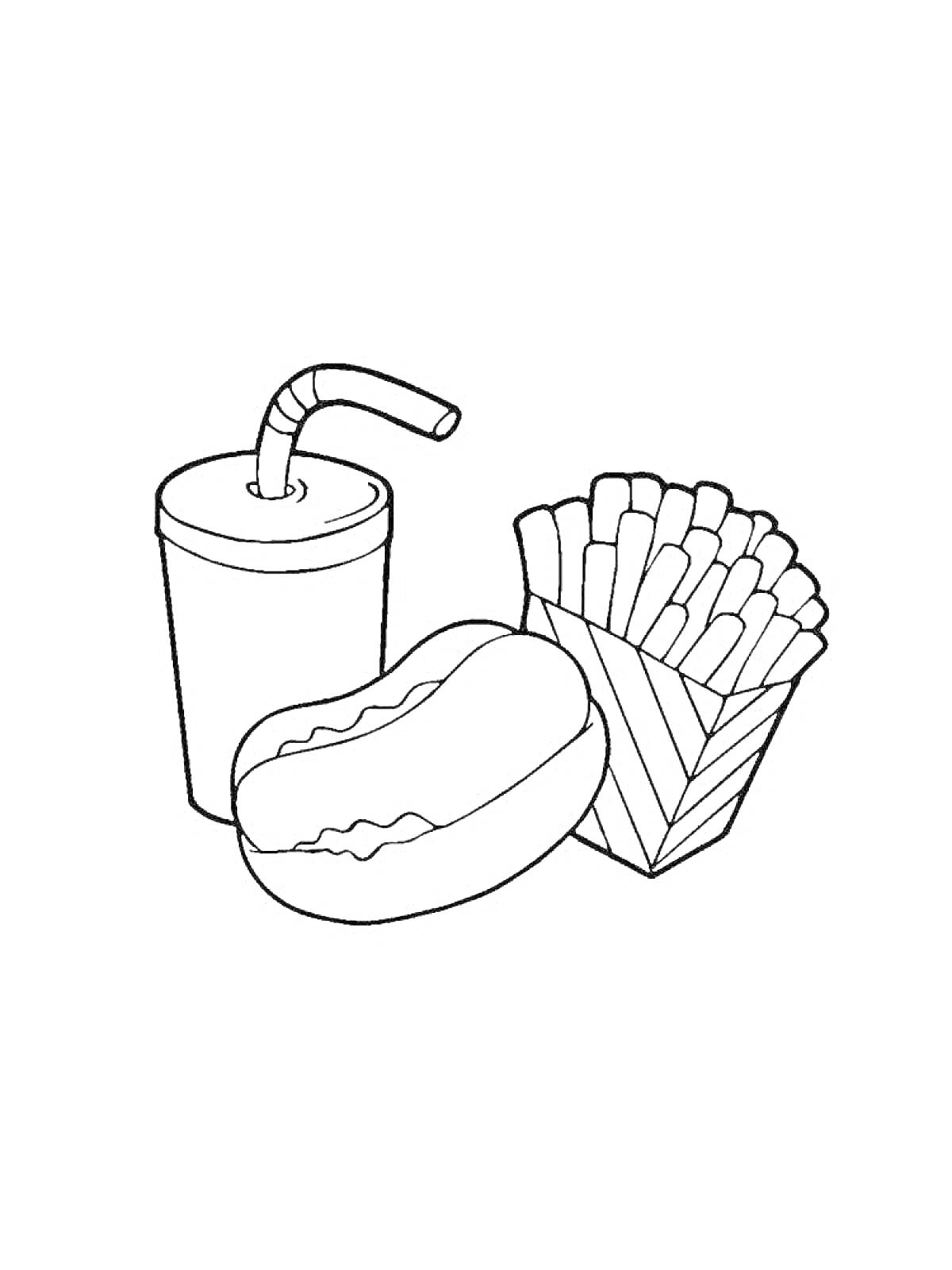 Раскраска Газированный напиток, хот-дог и картофель фри