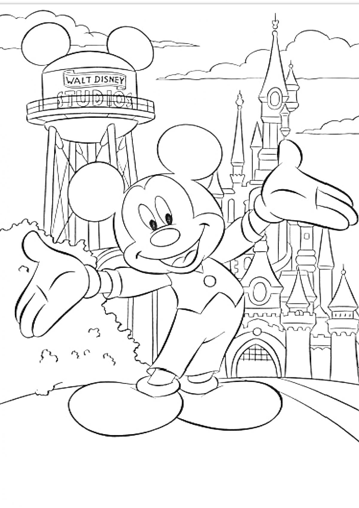 Раскраска Микки Маус перед замком и водонапорной башней Walt Disney Studio
