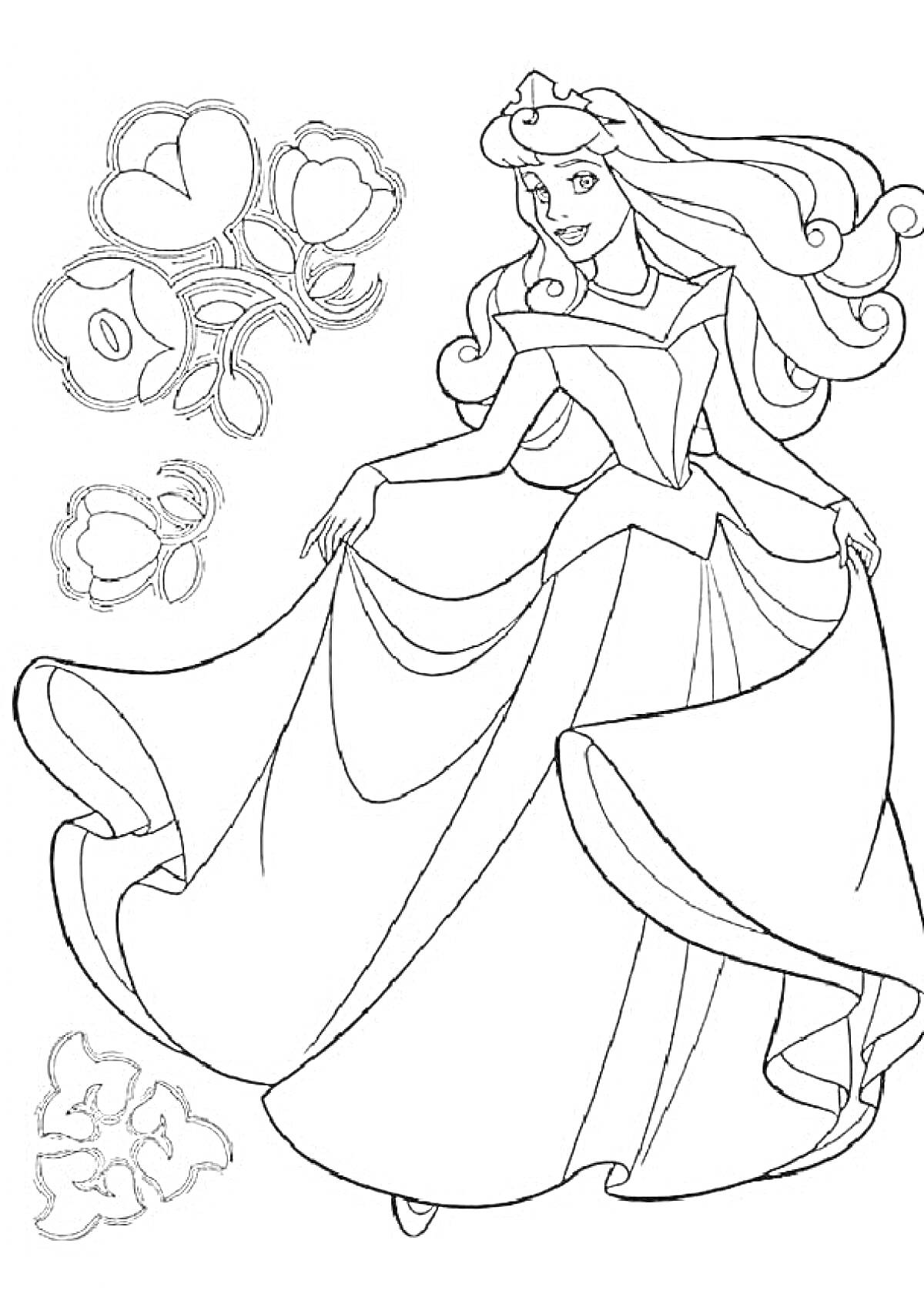 На раскраске изображено: Принцесса, Цветы, Для девочек, 12 лет, Корона, Длинные волосы, Розы, Длинные платья