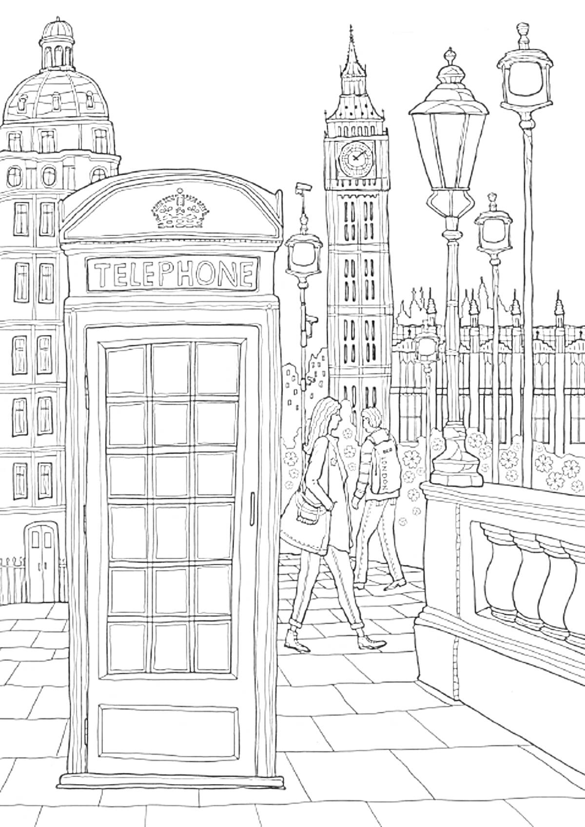 На раскраске изображено: Англия, Телефонная будка, Городской пейзаж, Фонари, Здания, Биг Бен, Человек, Улицы