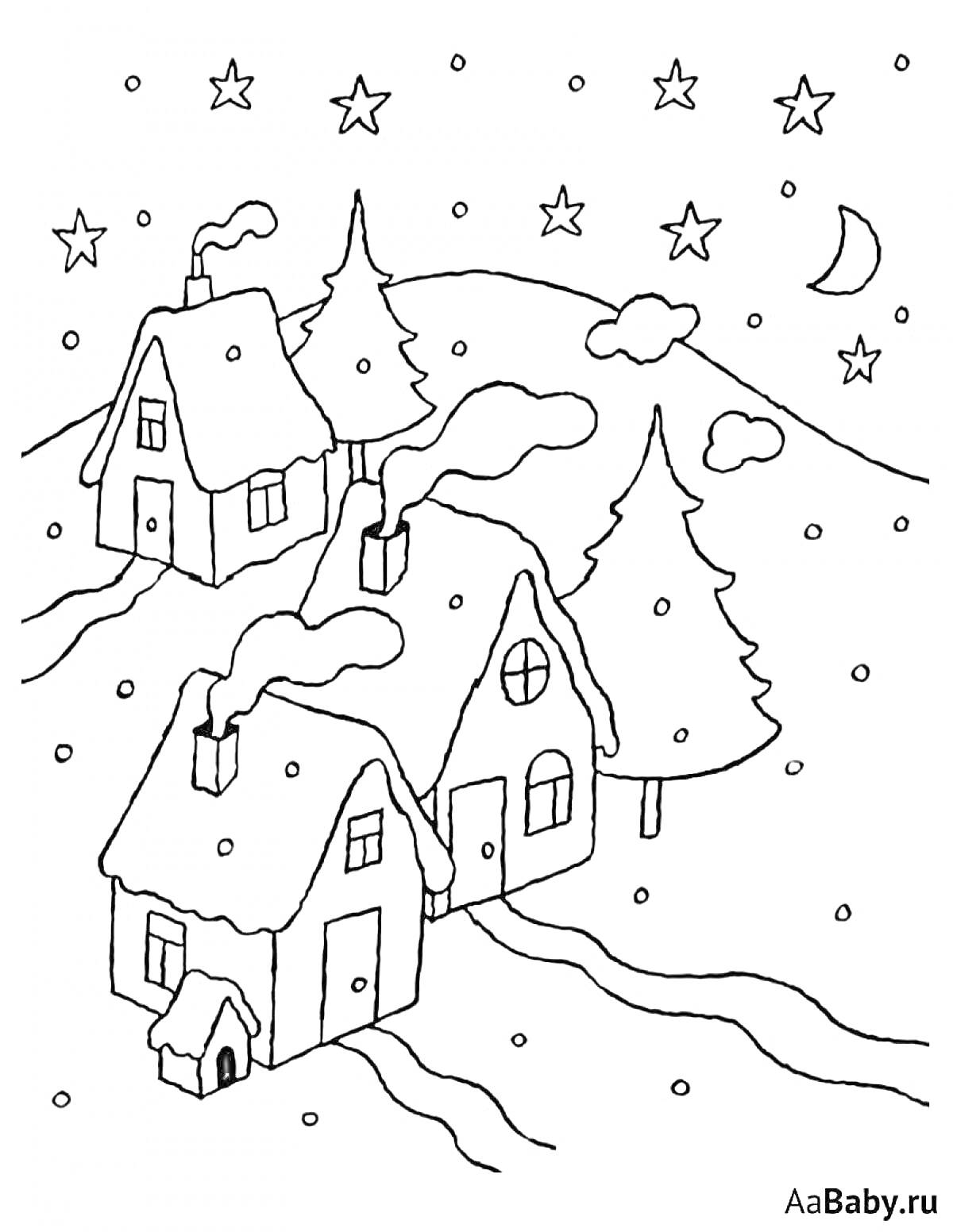 Раскраска Деревня зимой с домами, ёлками, звёздами, луной и заснеженными холмами