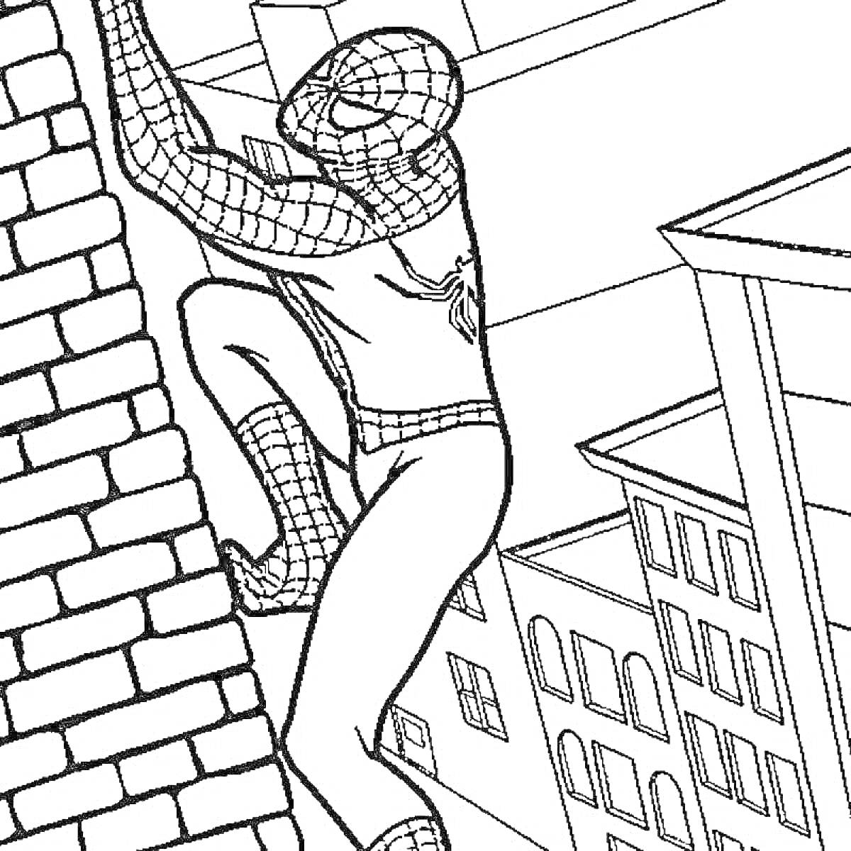 РаскраскаЧеловек-паук, карабкающийся по кирпичной стене, на фоне городских зданий.