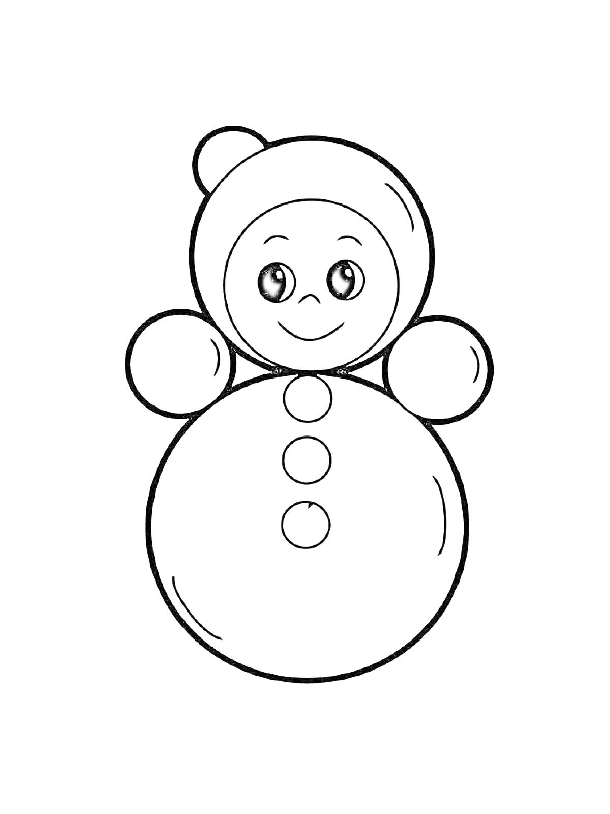 Раскраска Снеговик с круглой головой, тремя пуговицами, двумя большими круглыми руками и шапкой с помпоном