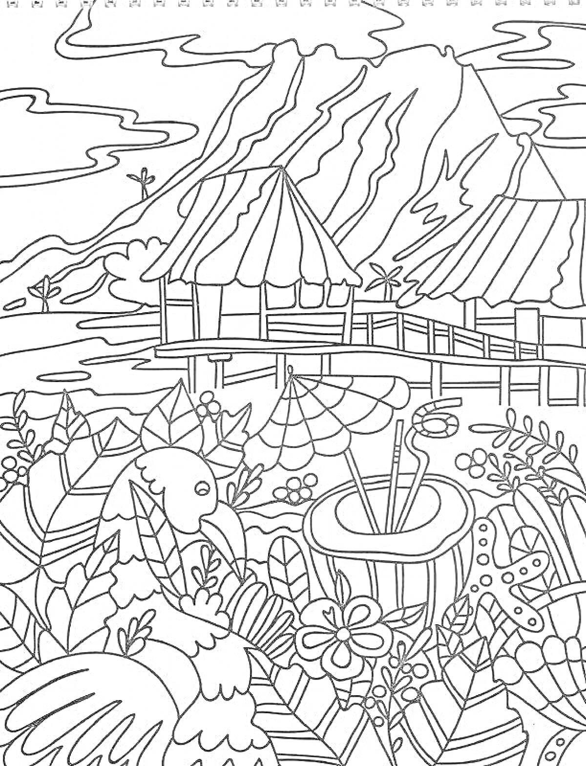Раскраска Тропический рай: горы, домики на воде, тропическая растительность, попугай, пляжный напиток с зонтиком