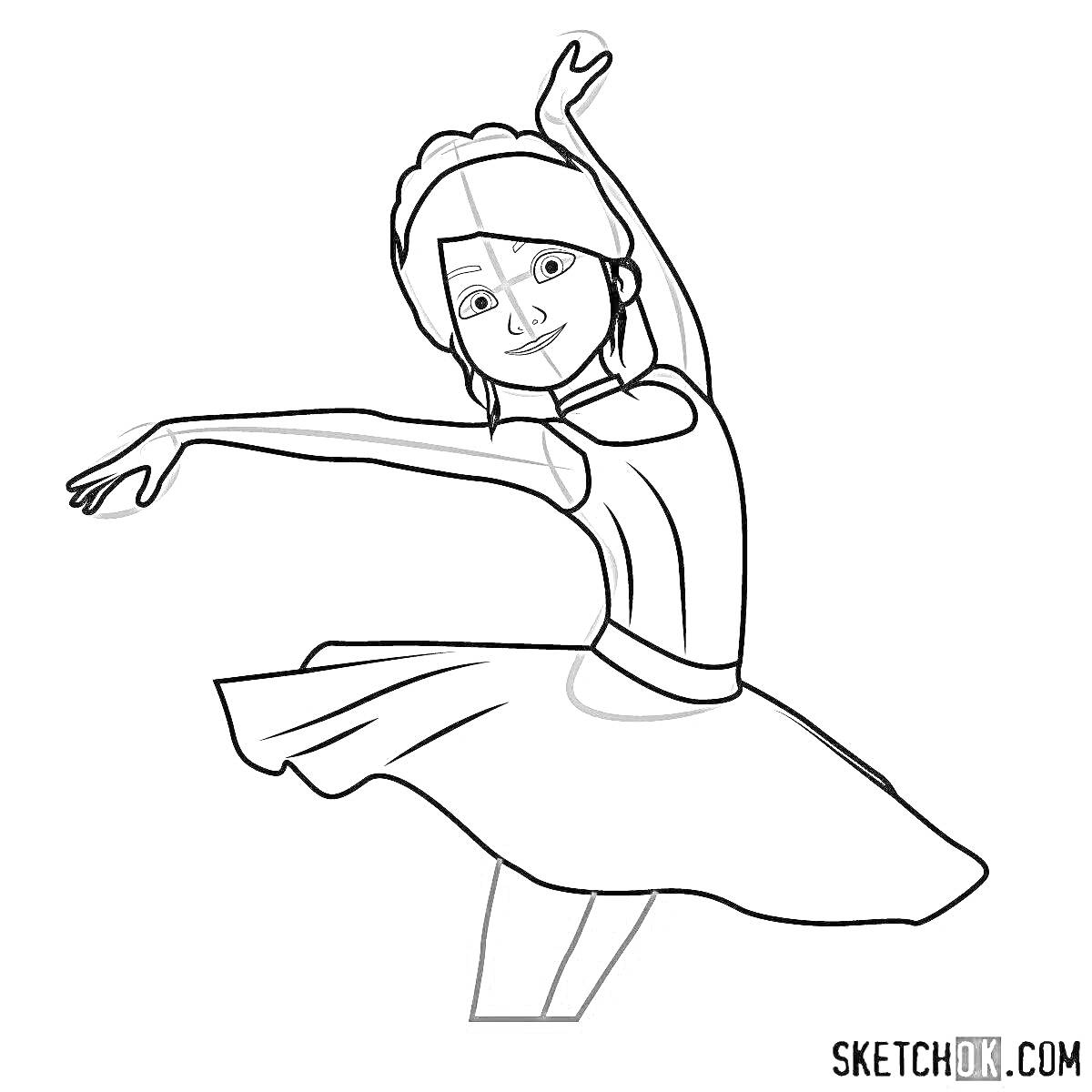 На раскраске изображено: Балерина, Балет, Поднятые руки, Движение
