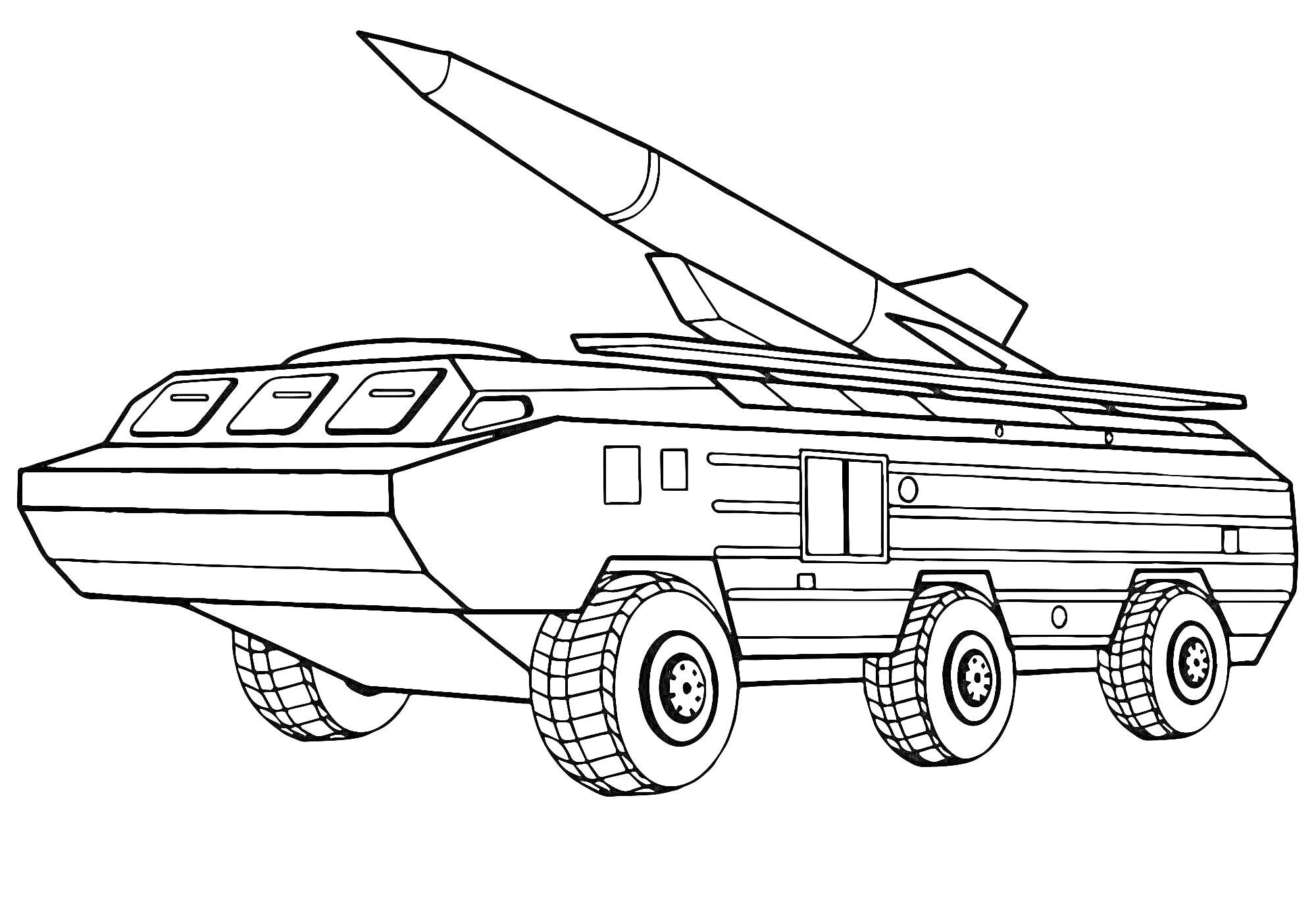 На раскраске изображено: Военная техника, Ракета, Ракетный комплекс, Колесная платформа, Россия, Транспорт, Армия, Боевые машины