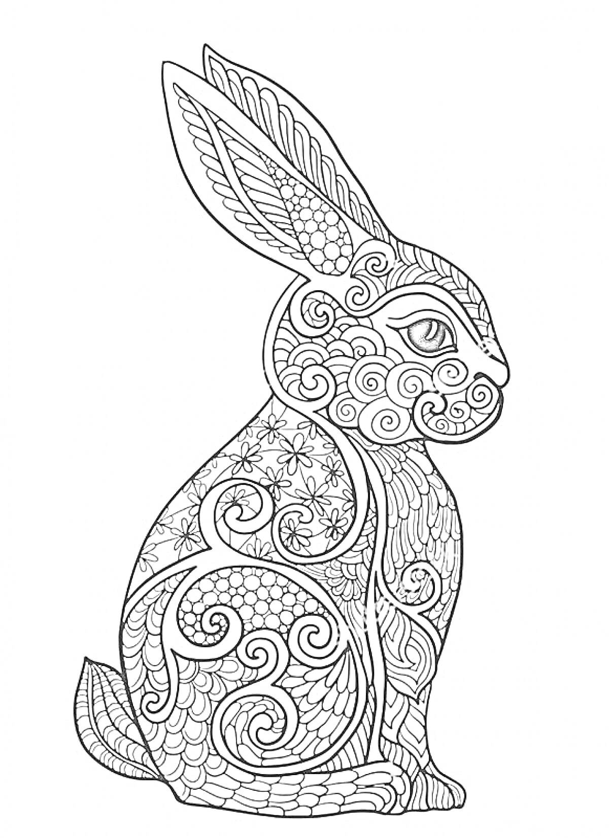 Кролик с орнаментом, включающим завитки, цветы и узоры