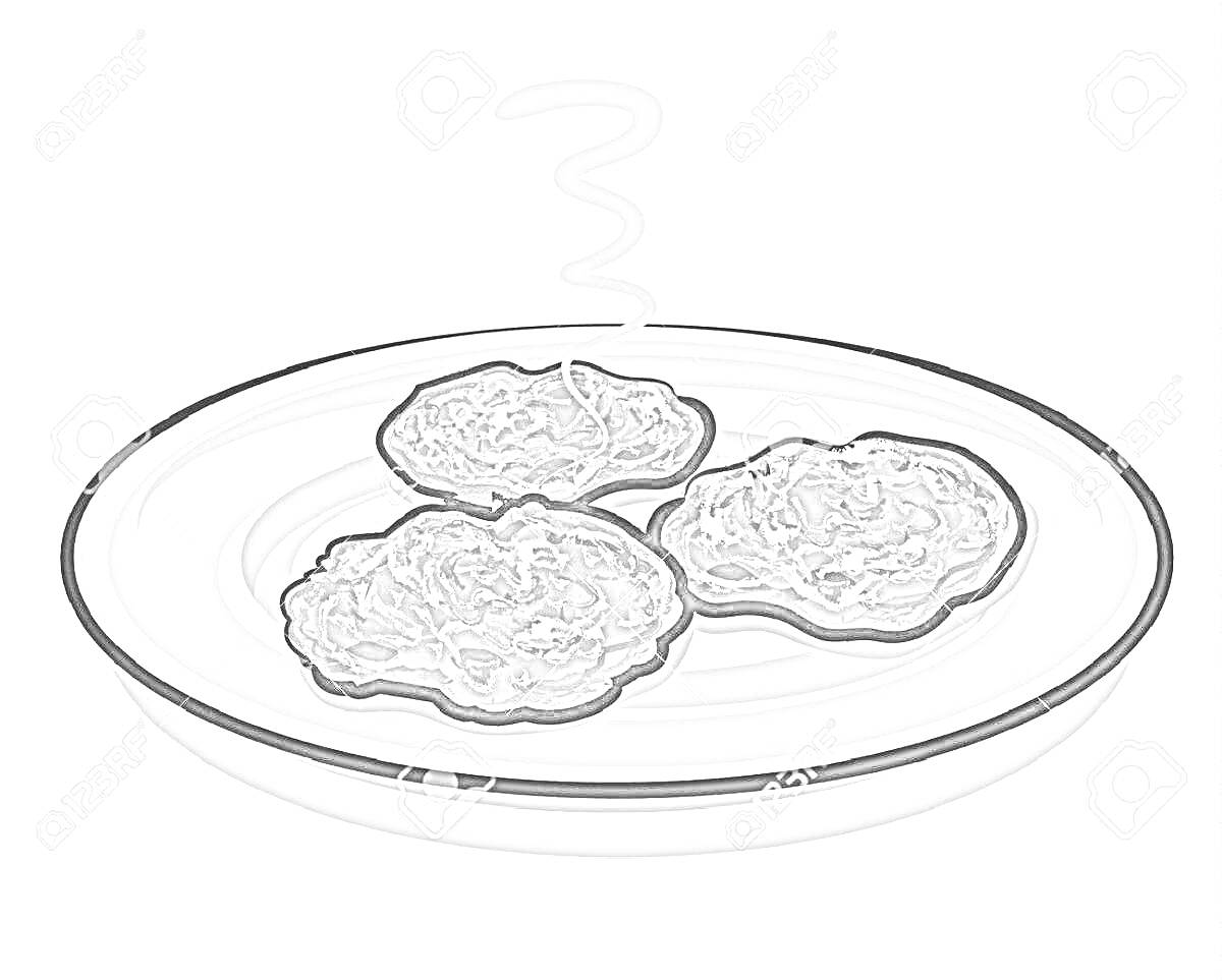 Раскраска Три драника на тарелке с дымком