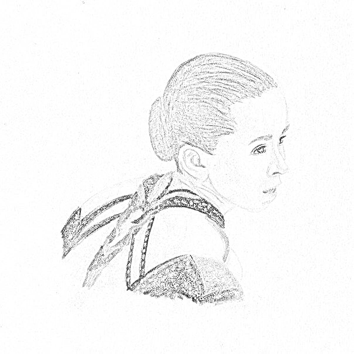 Раскраска Портрет девушки с собранными волосами и лямками на плечах