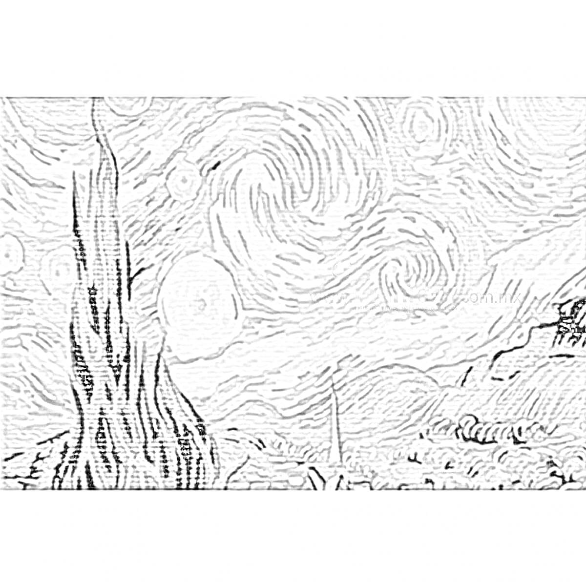 На раскраске изображено: Ван Гог, Звёздное небо, Деревья, Пейзаж, Ночь