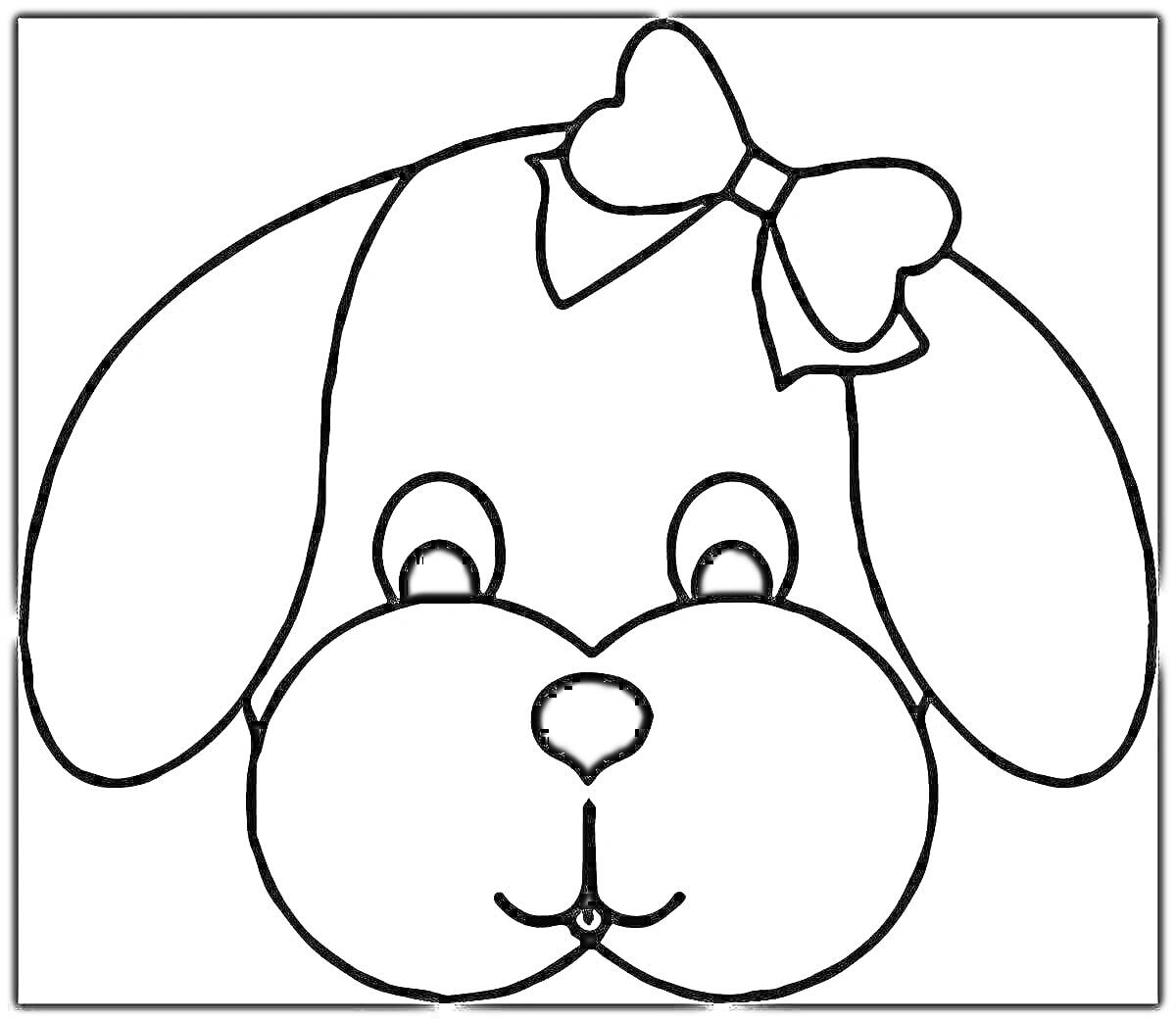 На раскраске изображено: Собака, Морда, Уши, Глаза, Нос, Улыбка, Для детей, Бант