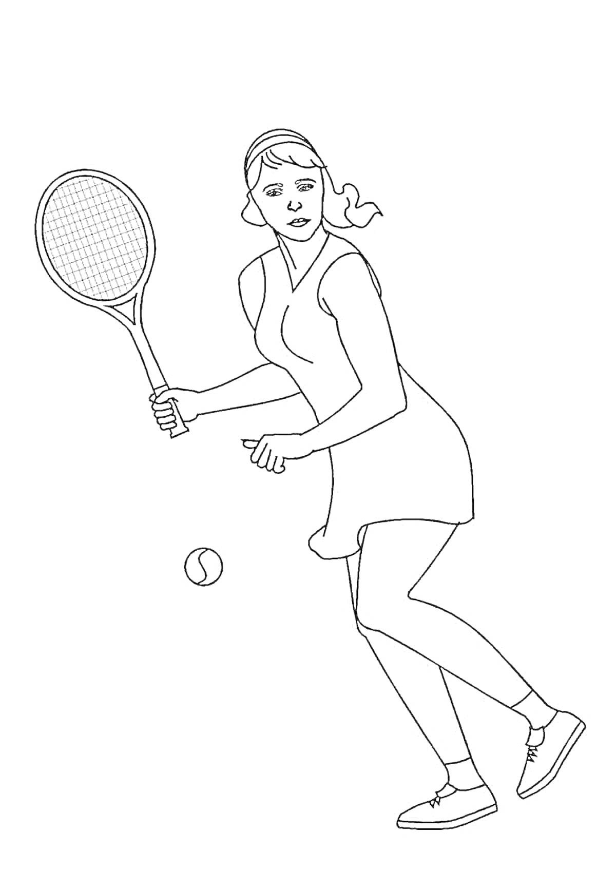 На раскраске изображено: Теннис, Девочка, Ракетка, Спорт, Игра