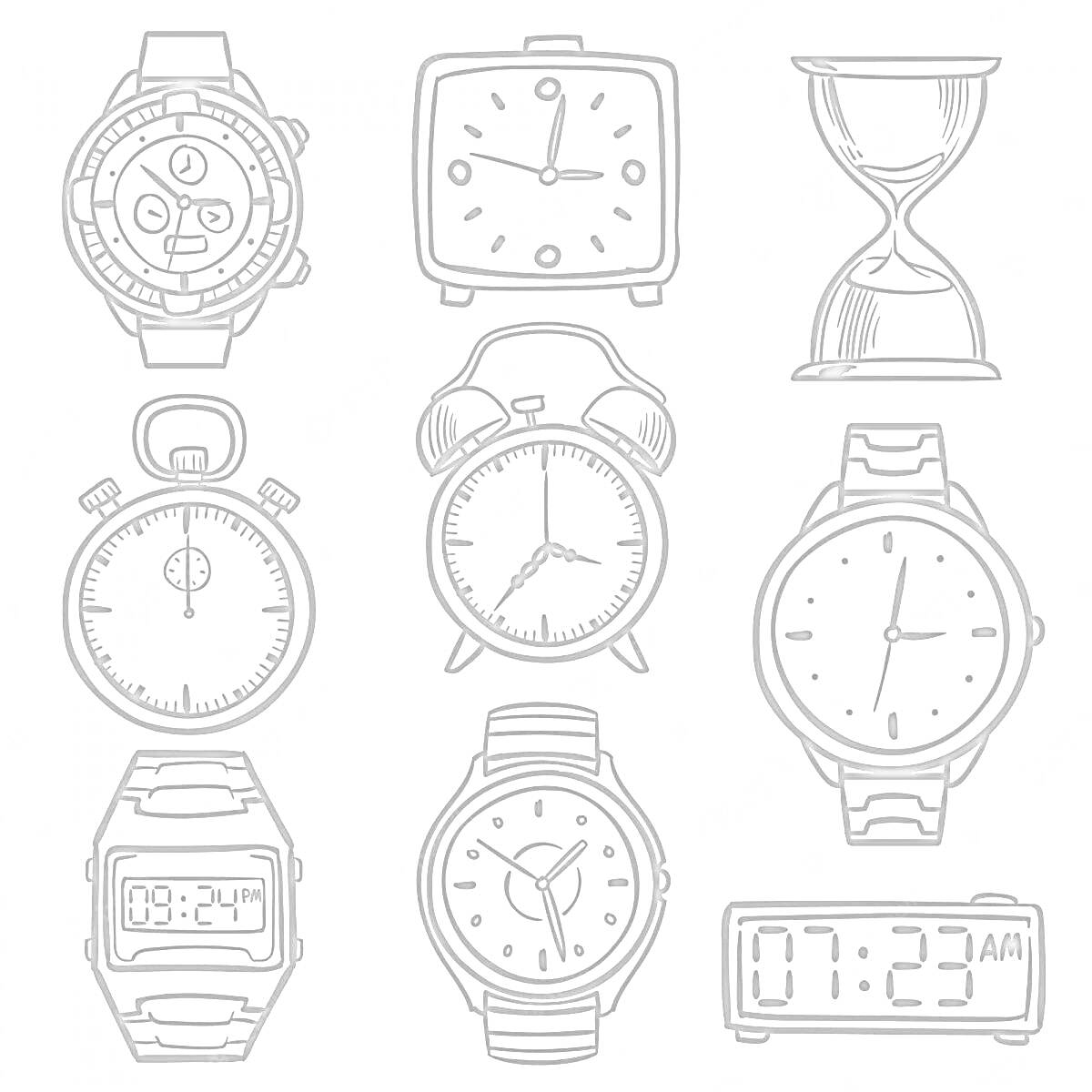 На раскраске изображено: Часы, Наручные часы, Будильник, Настенные часы, Электронные часы, Песочные часы, Контурные рисунки, Время