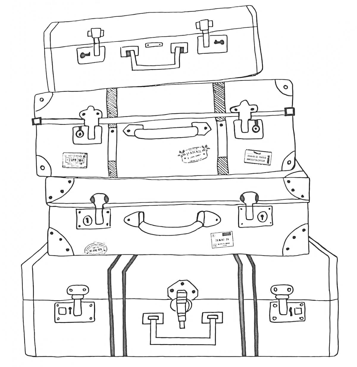 Раскраска Четыре чемодана-безанаку на куче, чемоданы с ручками, застежками и этикетками