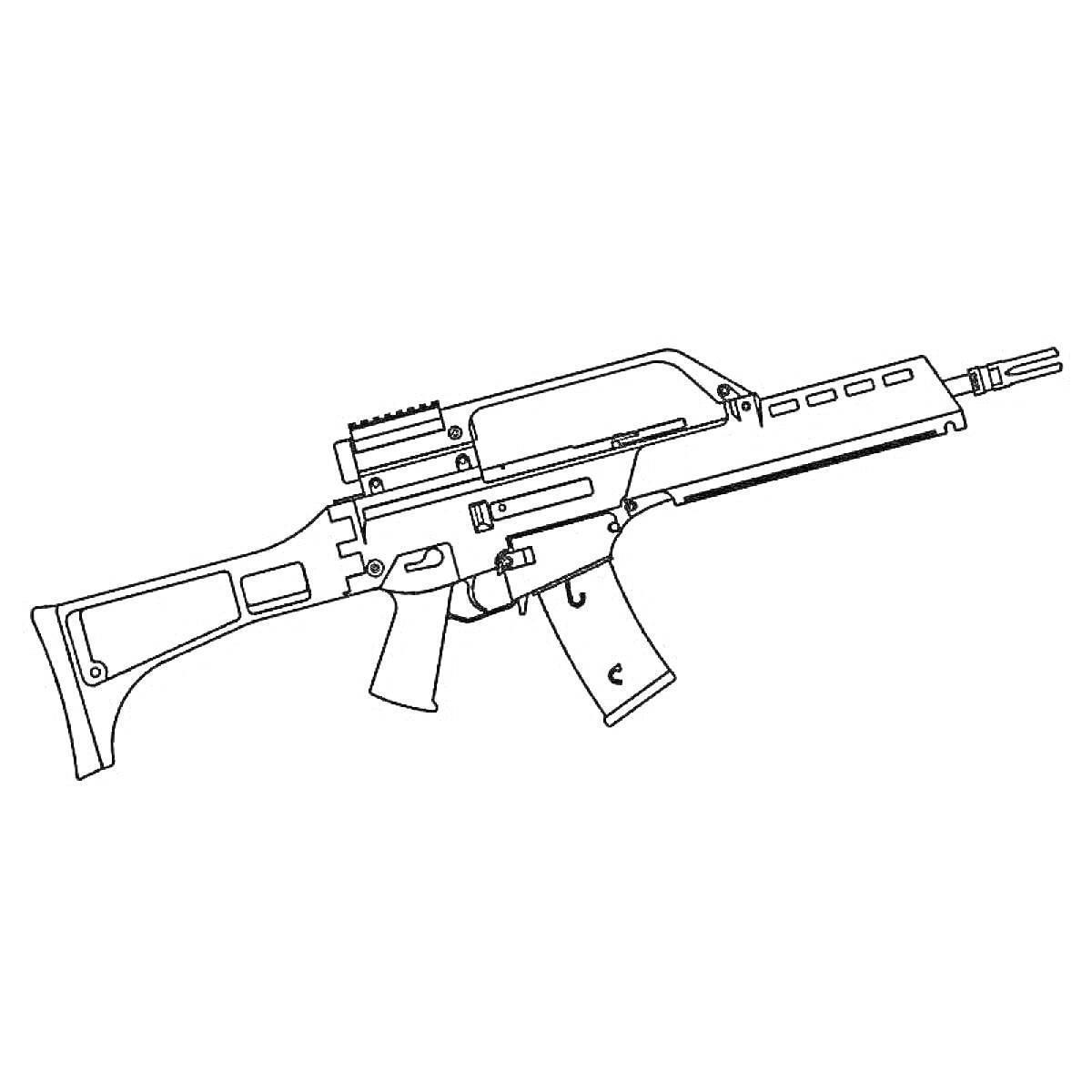 Раскраска автоматическая винтовка с магазином, прикладом, рукояткой и прицелом