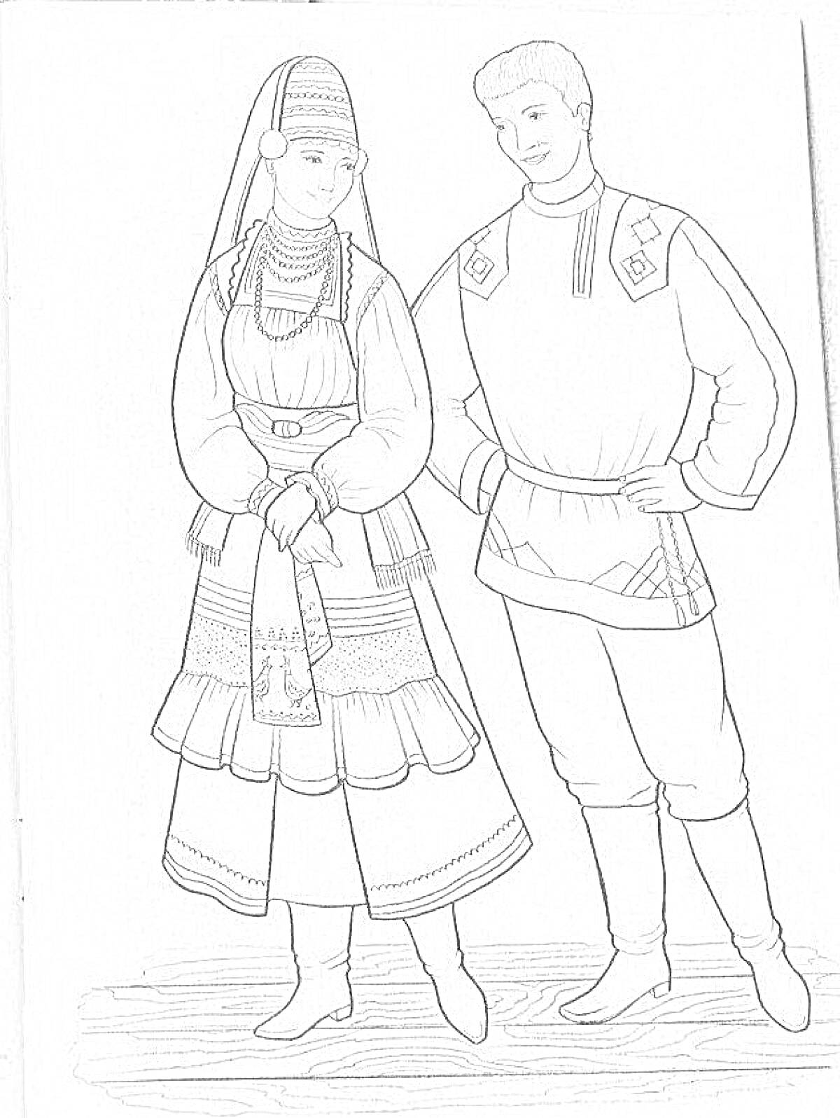 Раскраска Чувашский национальный костюм мужской и женский, включая головной убор, фартук, рубаху, пояс, юбку, штаны и обувь.