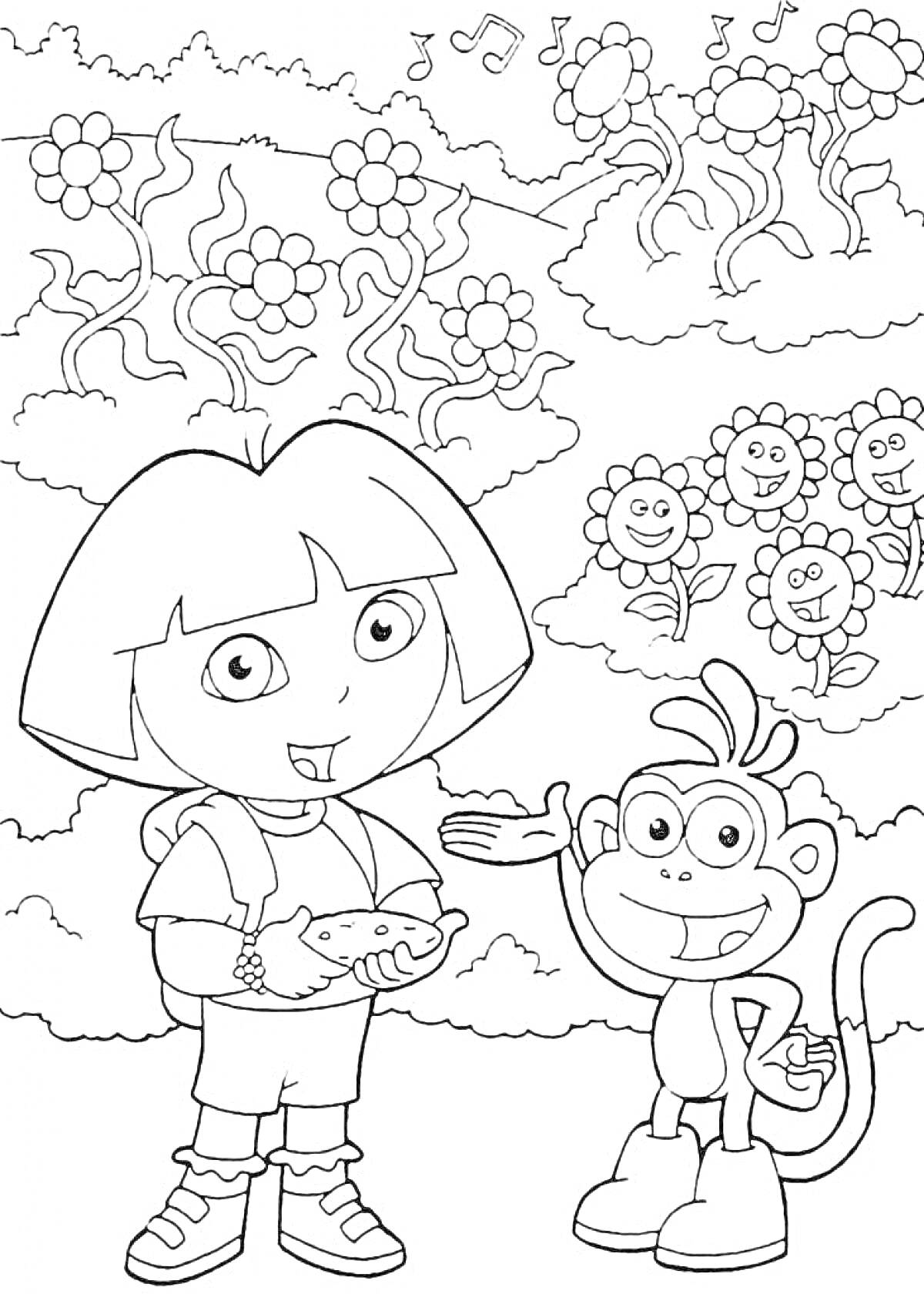 На раскраске изображено: Девочка, Карта, Цветы, Поле, Улыбка, Дружба, Природа, Детство