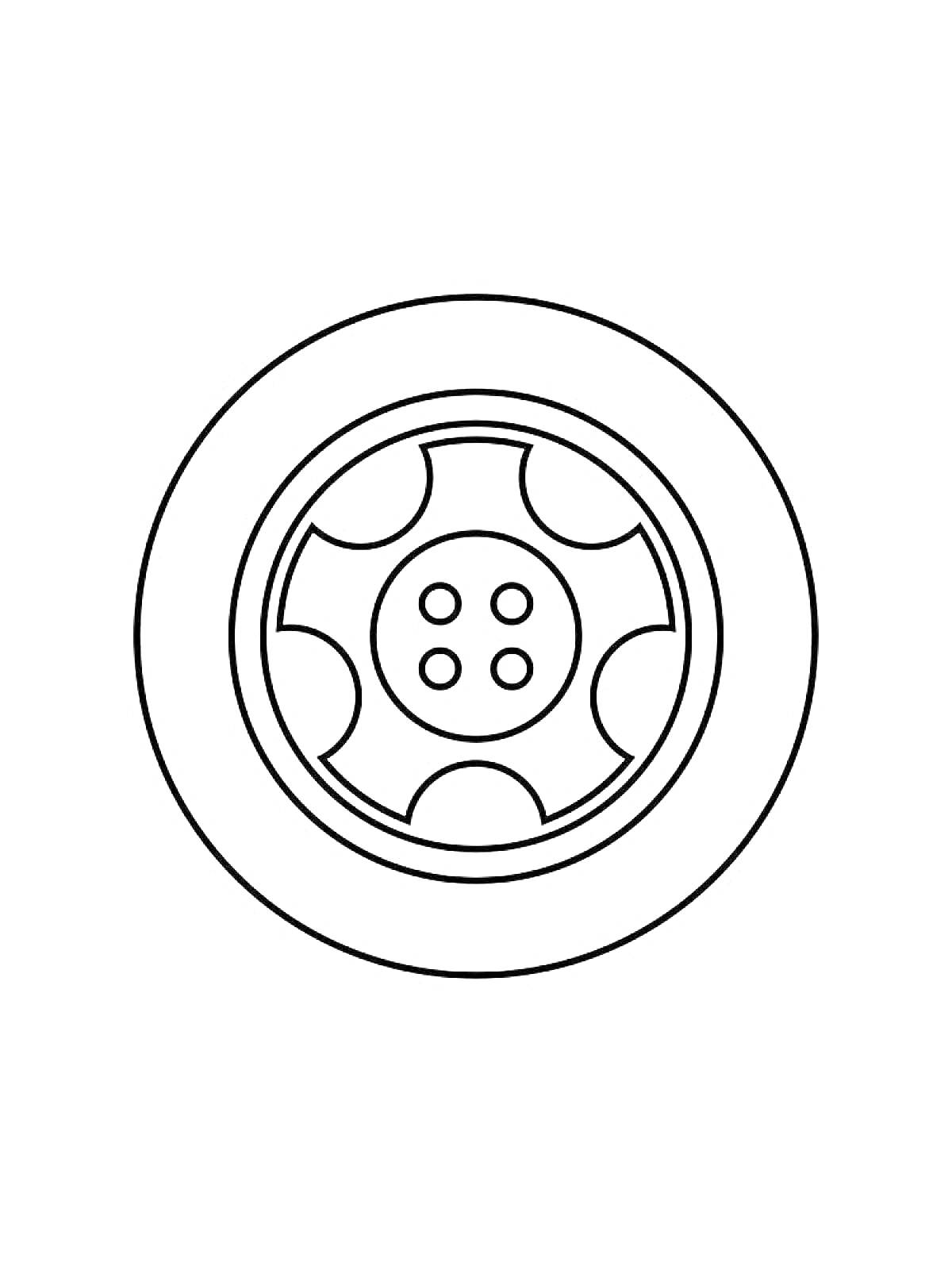 РаскраскаКолесо с шиной и диском (5 спиц и болты)