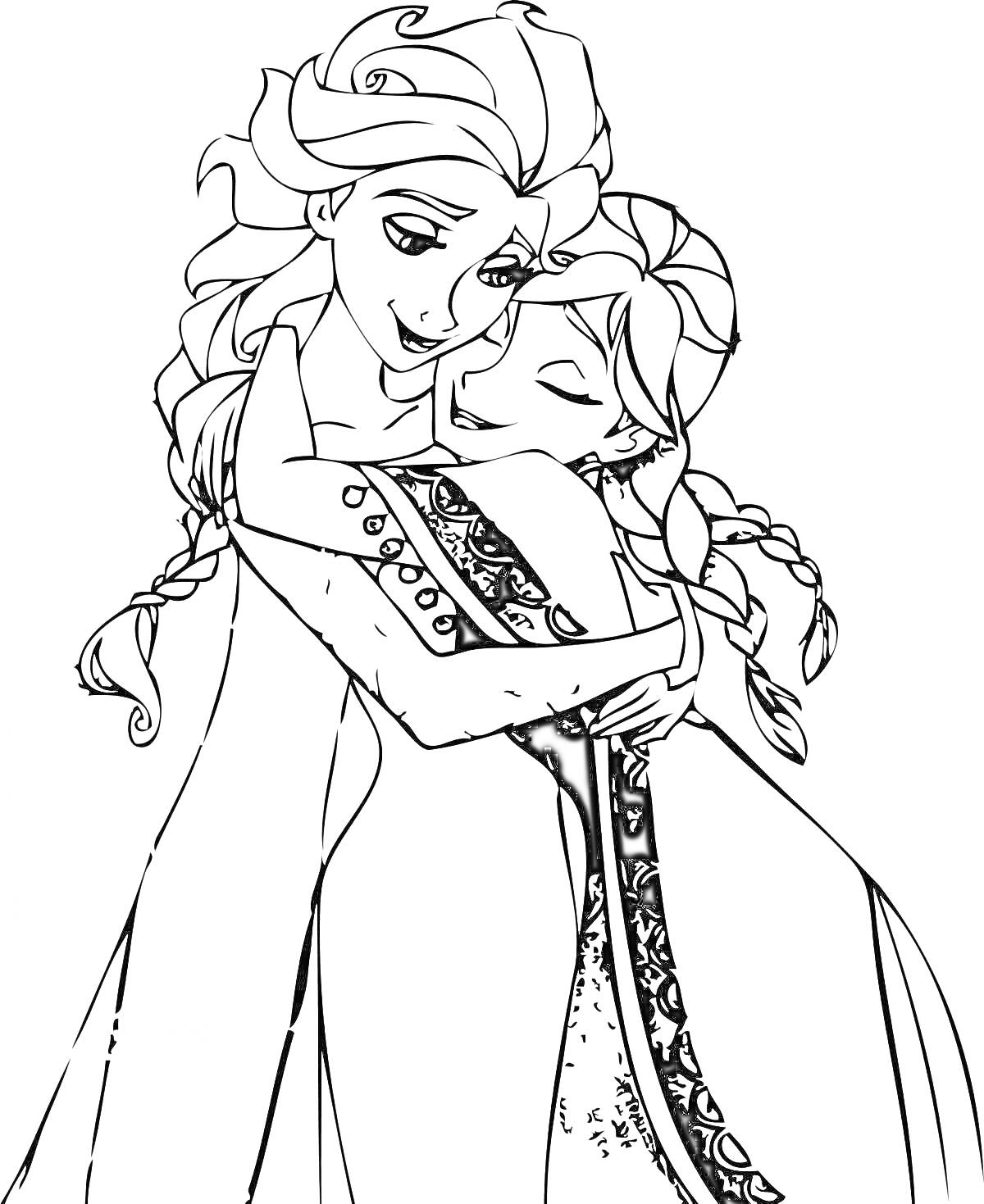 Раскраска Объятие двух девушек с косами в длинных платьях