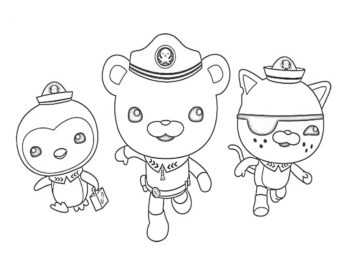 Раскраска Три анимационных персонажа в форме моряков, идущие вместе; пингвин, медведь и кот в пиратской повязке на глазу
